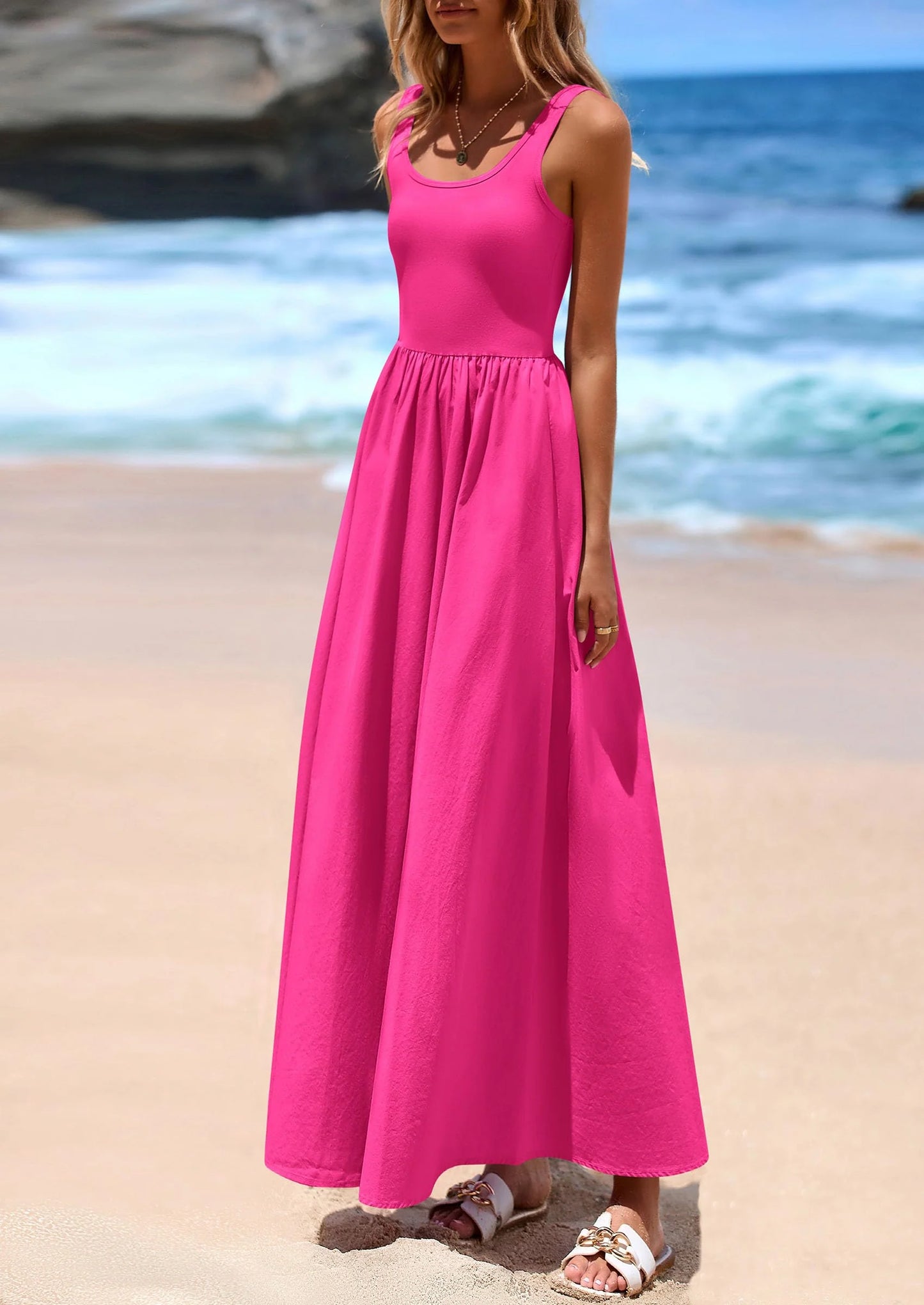 Womens Summer Casual Scoop Neck Sleeveless Long Dresses Tank Top Patchwork Aline Swing Maxi Dress with Pockets