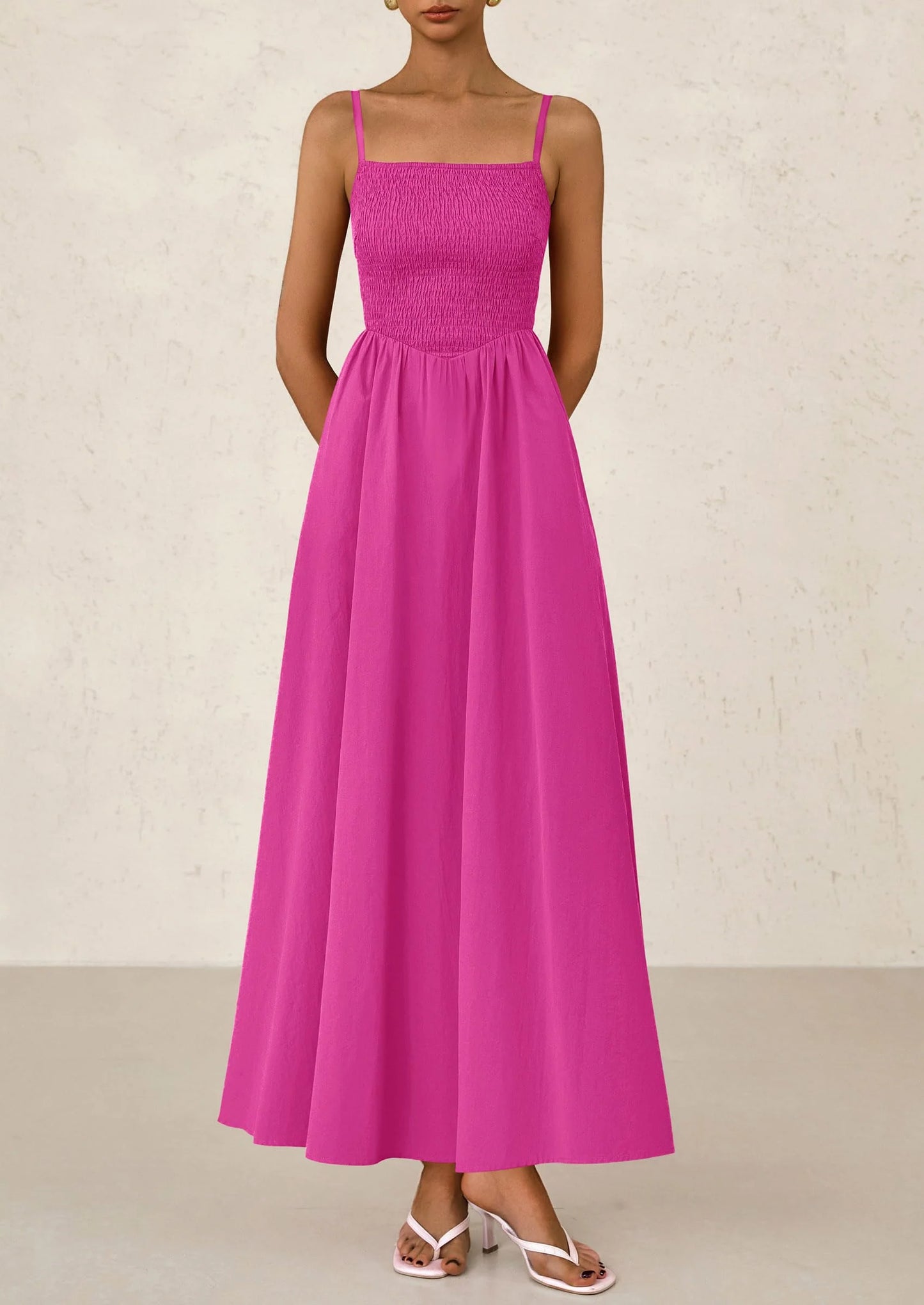 Women's Smocked Maxi Dresses Beach Sundress Casual Spaghetti Strap Swing A Line Long Flowy Dress