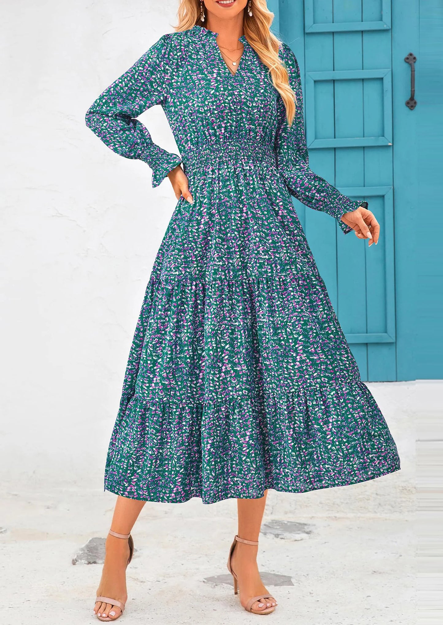 Women's Floral Maxi Dress Spring Long Sleeve V Neck Casual A Line Long Flowy Boho Party Dresses