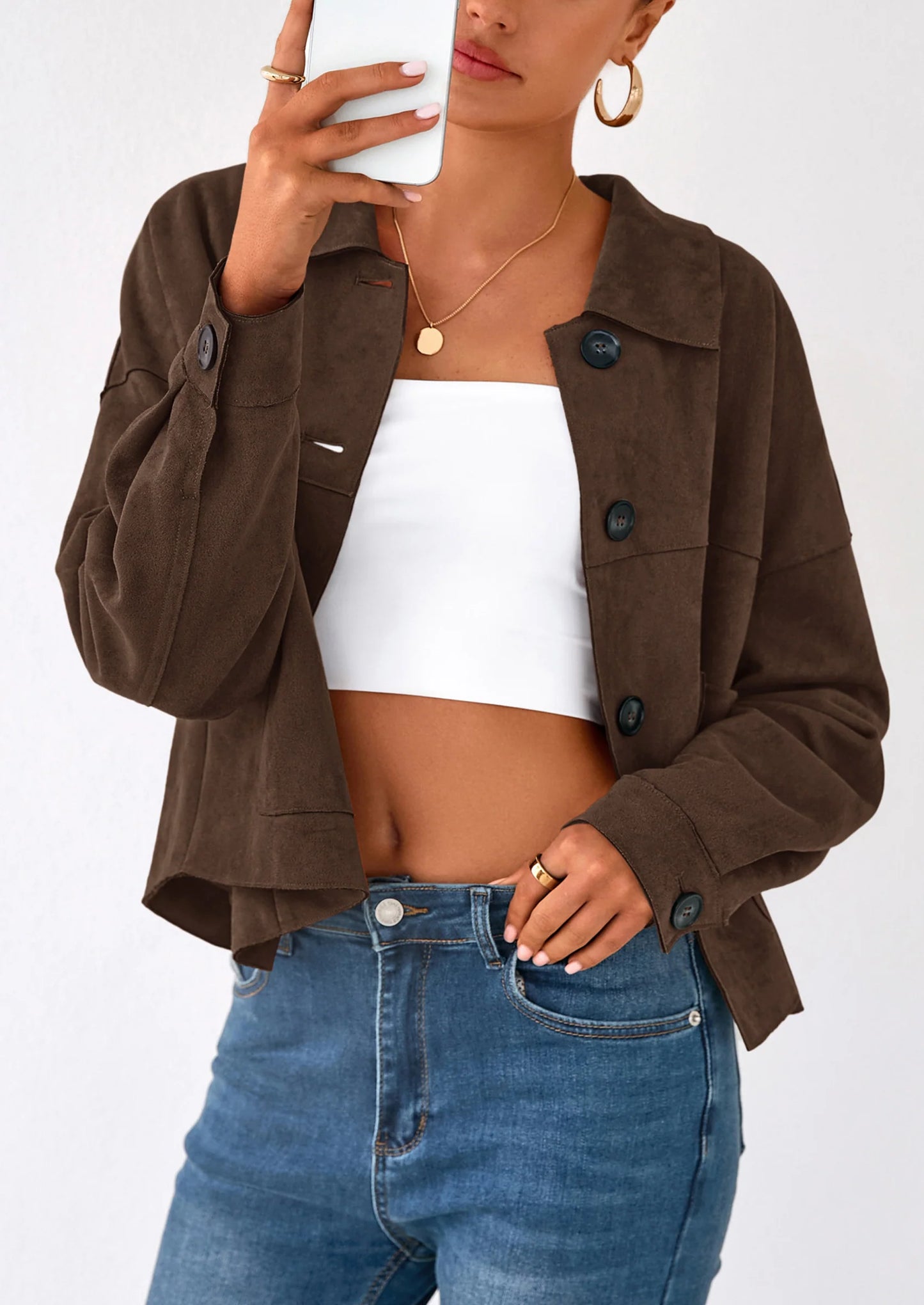 Women's Faux Suede Cropped Jacket Casual Lightweight Fall Fashion Winter Coats Outerwear Trendy Clothes