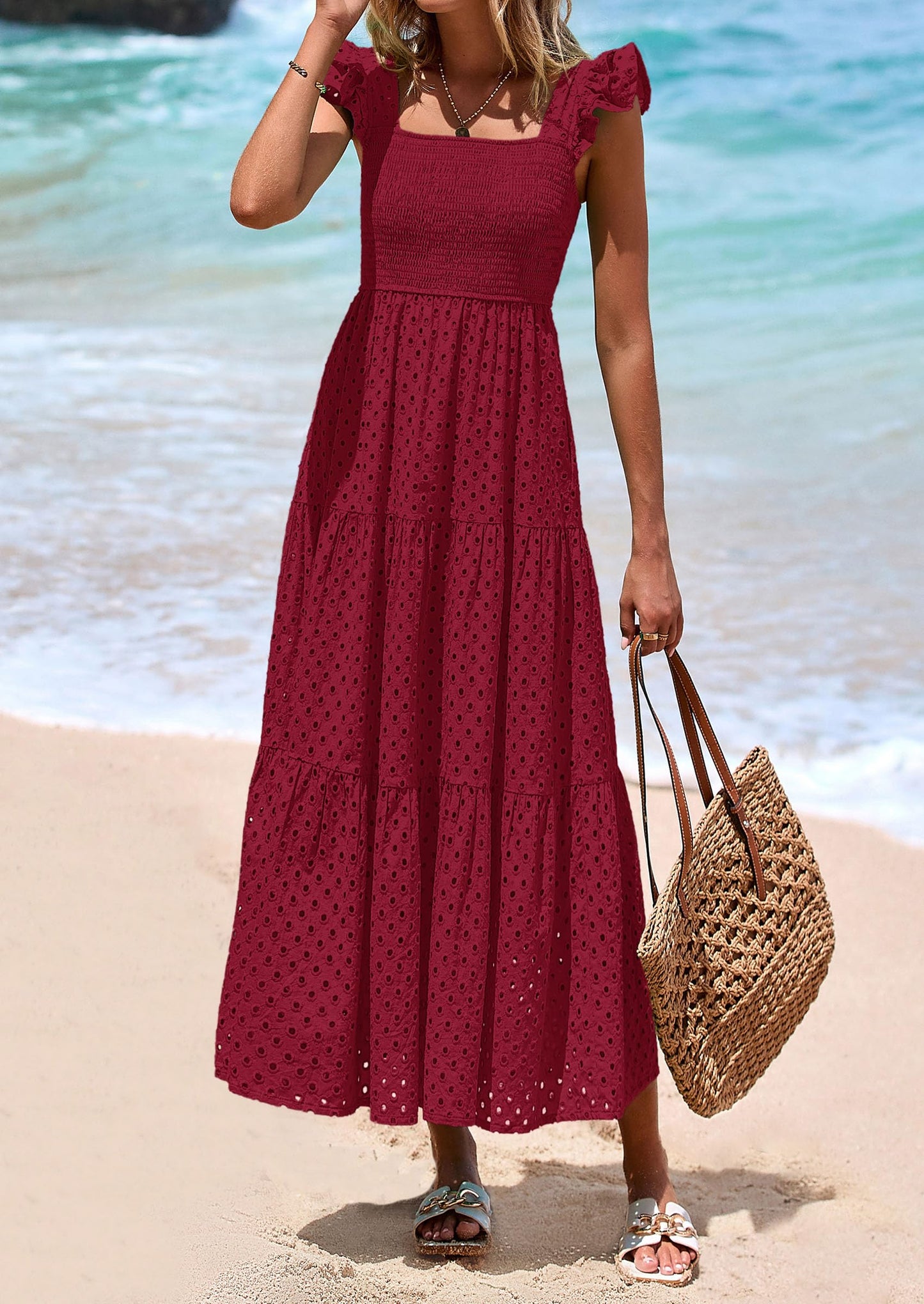 Womens Square Neck Maxi Dresses Cap Sleeve Eyelet Smocked Tiered A Line Flowy Long Dress with Pockets