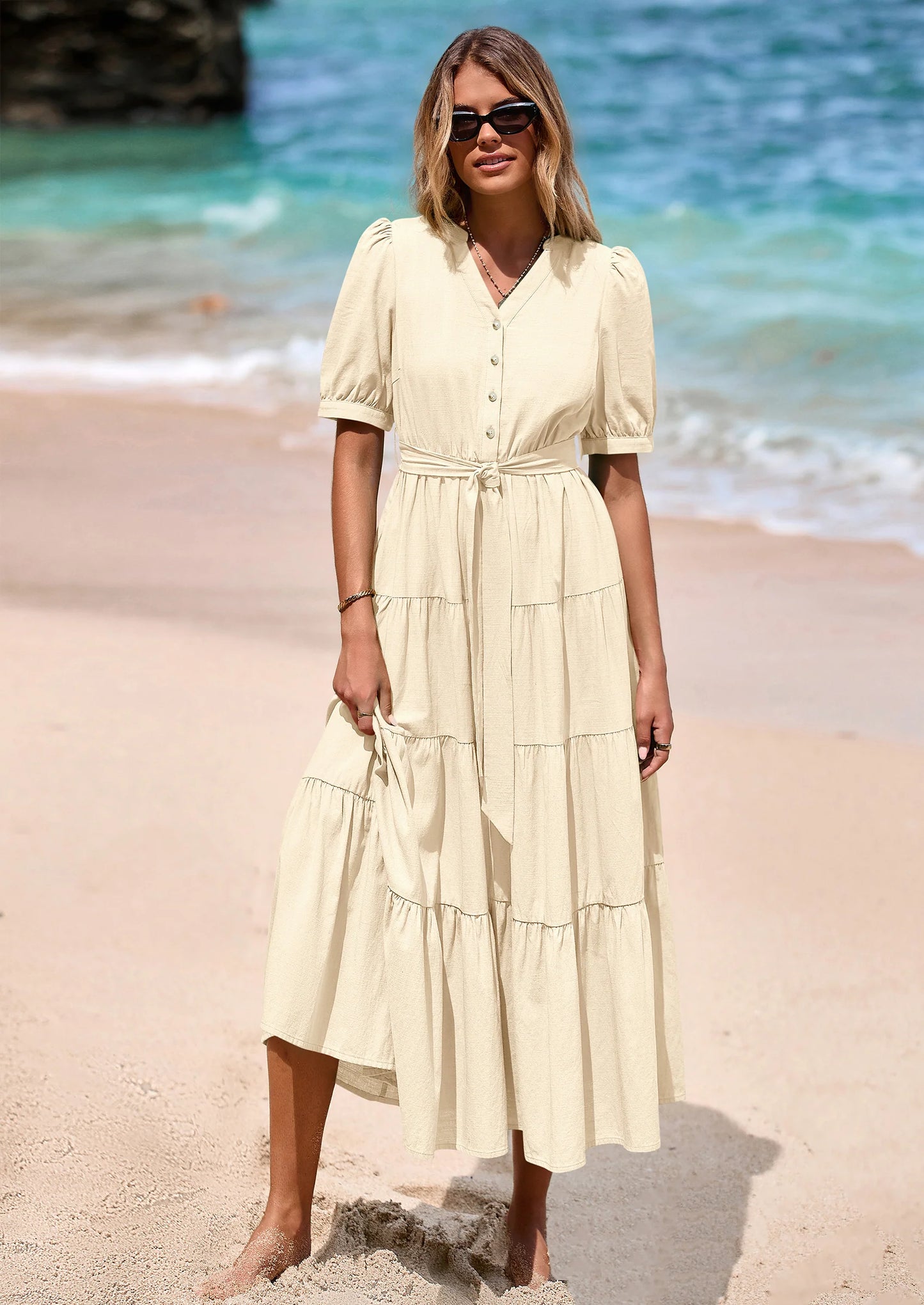 Women's Midi Dress Casual Short Sleeve V Neck Buttons Belted Ruffle A Line Flowy Dress with Pockets