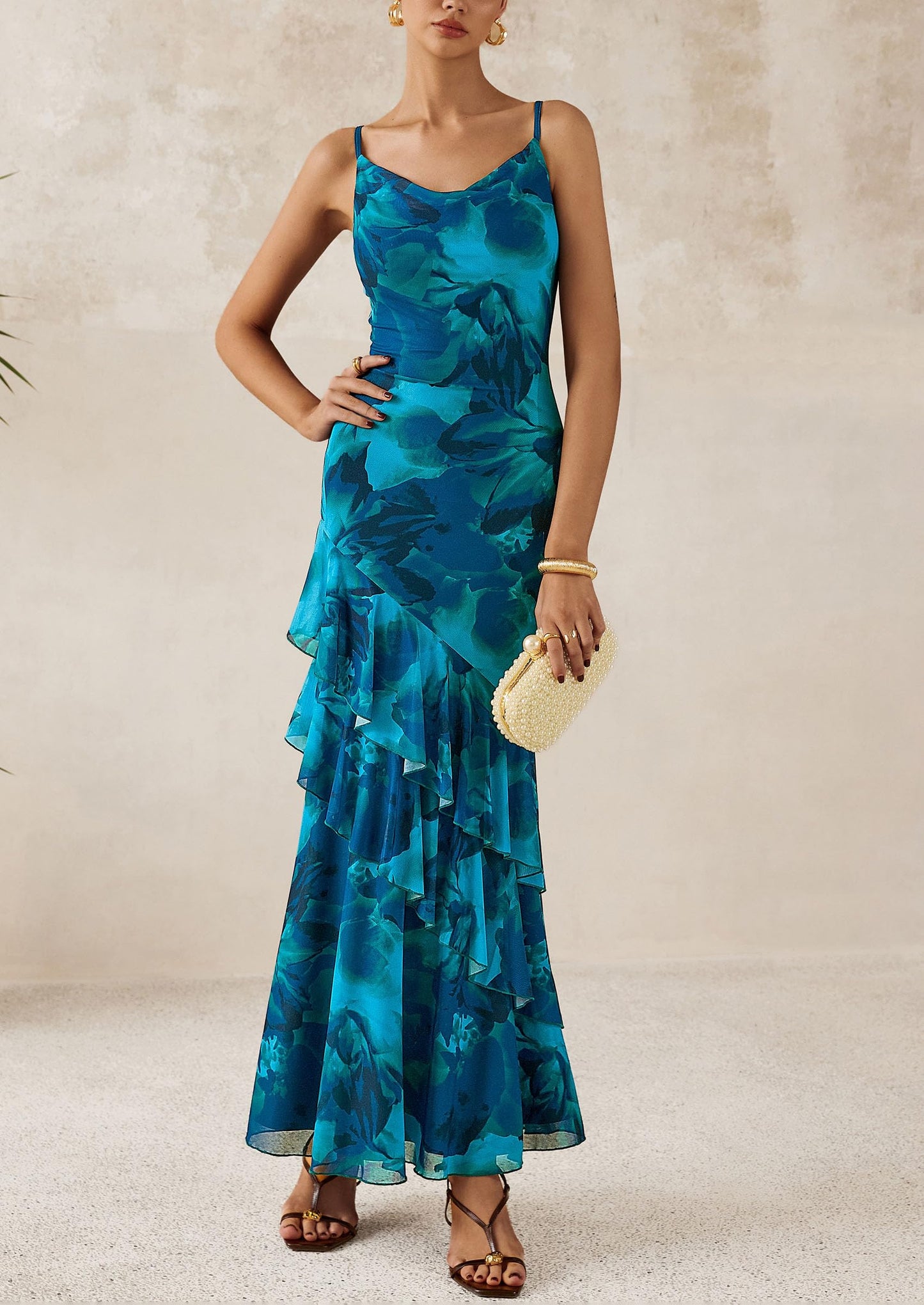 Maxi Dresses for Women Floral Beach Sundress Spaghetti Strap Tiered Wedding Guest Long Dress