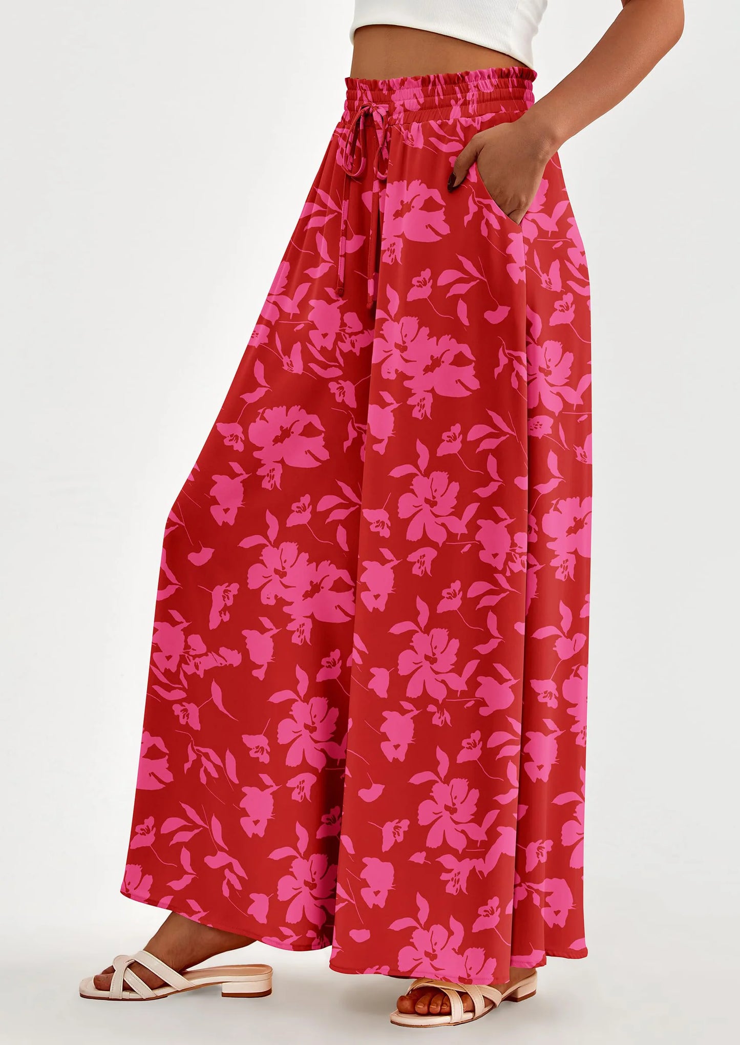 Women's Summer Wide Leg Palazzo Pants High Waisted Flowy Pockets Trendy Casual Lounge Boho Beach Trousers