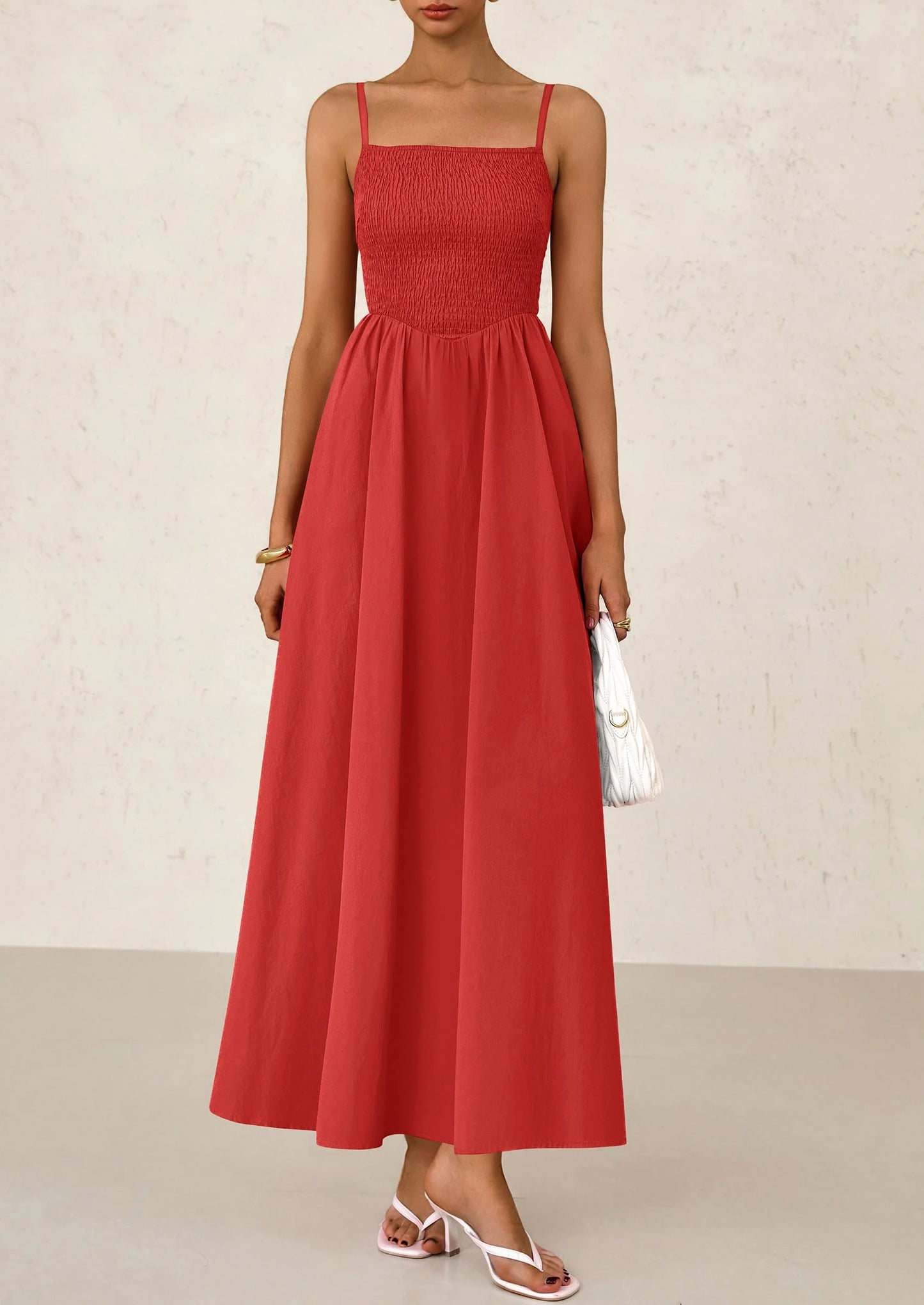Women's Smocked Maxi Dresses Beach Sundress Casual Spaghetti Strap Swing A Line Long Flowy Dress