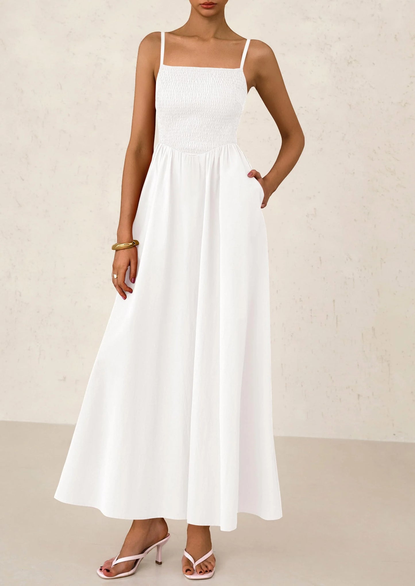 Women's Smocked Maxi Dresses Beach Sundress Casual Spaghetti Strap Swing A Line Long Flowy Dress