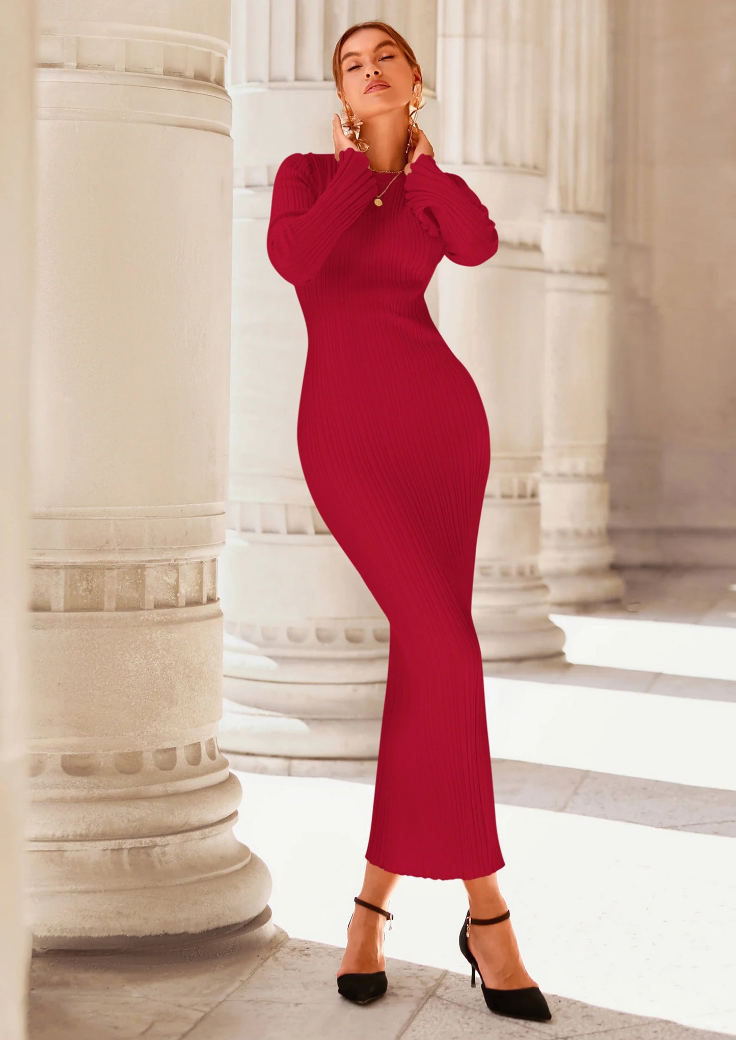 Sweater Dresses for Women Fall Bell Long Sleeve Crew Neck Bodycon Maxi Dress Winter Ribbed Knit Outfits