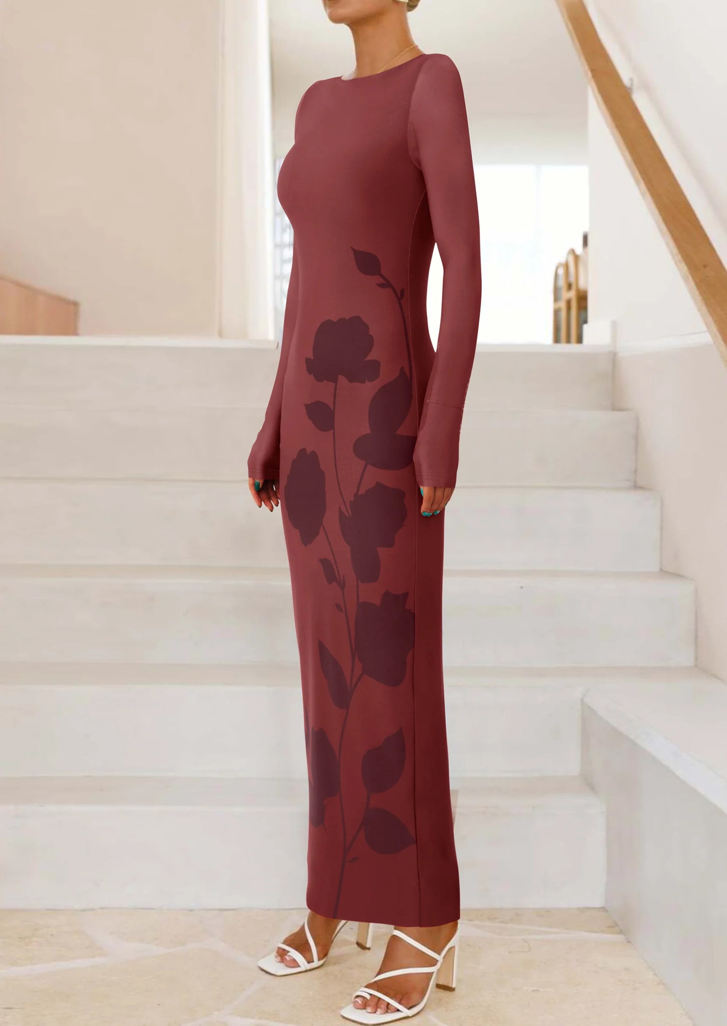 Bodycon Maxi Dress Fall Floral Long Sleeve Sexy Mesh Cocktail Wedding Guest Long Dresses