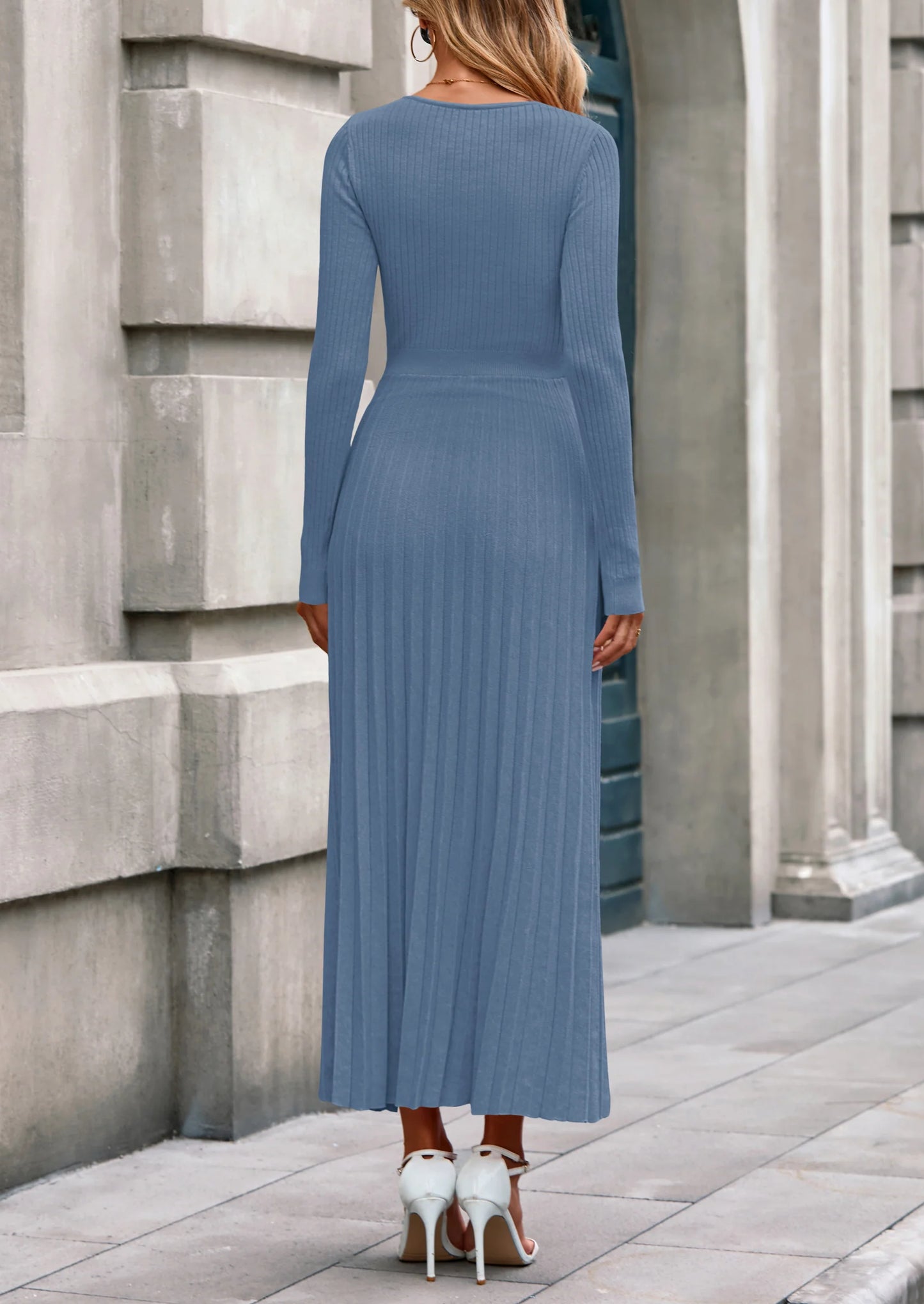 Women Sweater Dress Fall Fashion Long Sleeve V Neck Ribbed Knit Pleated A Line Elegant Maxi Winter Dresses