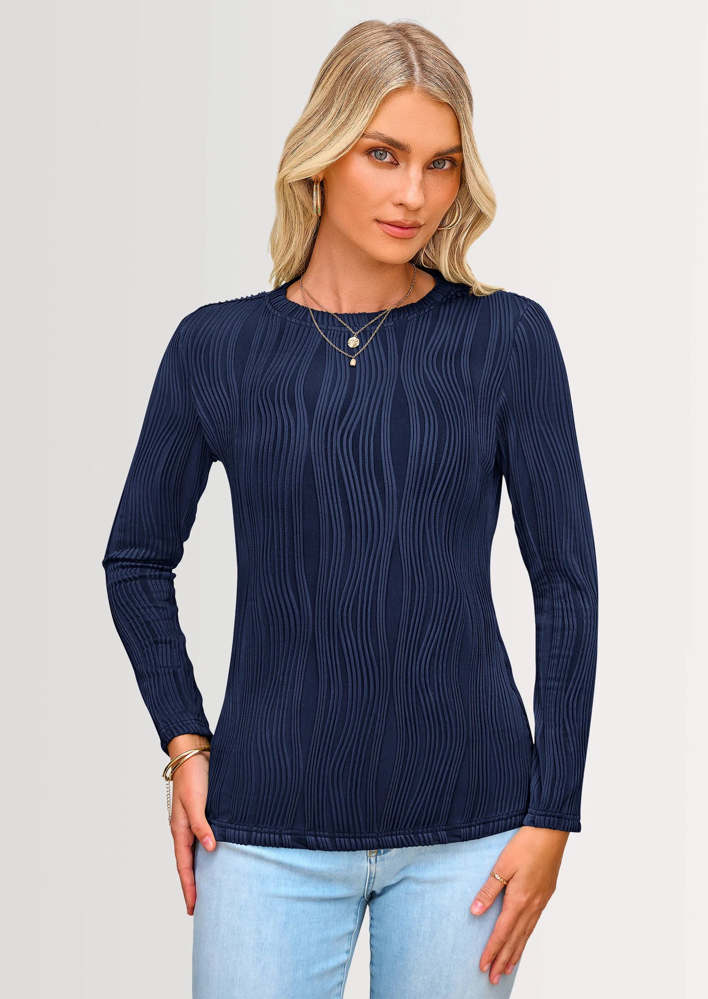 Long Sleeve Tops for Women Spring Fall Trendy Business Dressy Casual Shirts Crewneck Textured Blouse