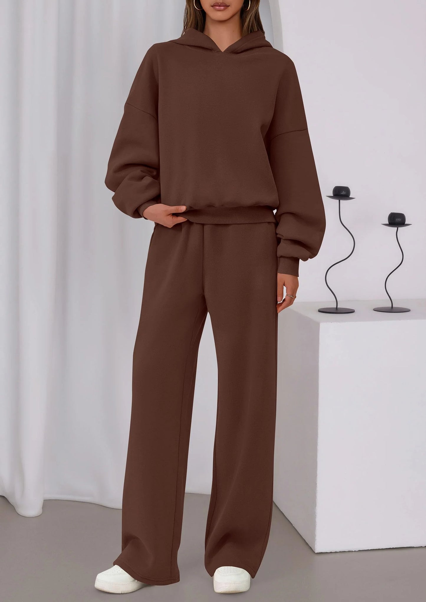 Womens Sweatsuits 2 Piece Set Casual Winter Long Sleeve Hoodie Loose Wide Leg Sweatpants Fall Tracksuit