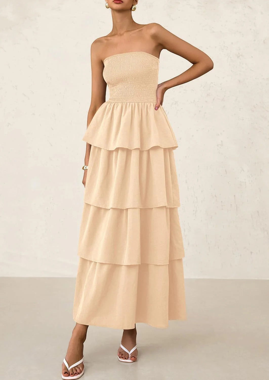 Maxi Dresses for Women Off Shoulder Smocked Tiered Ruffle Long Flowy Wedding Guest Dress