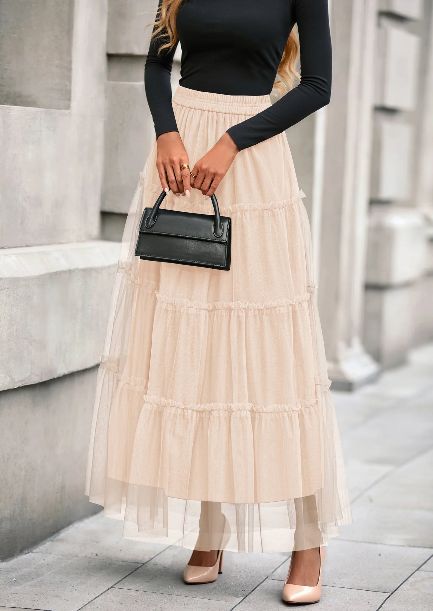 Maxi Skirts for Women Fall Tulle High Waisted Ruffle Flowy A-Line Long Skirt Country Concert Outfits