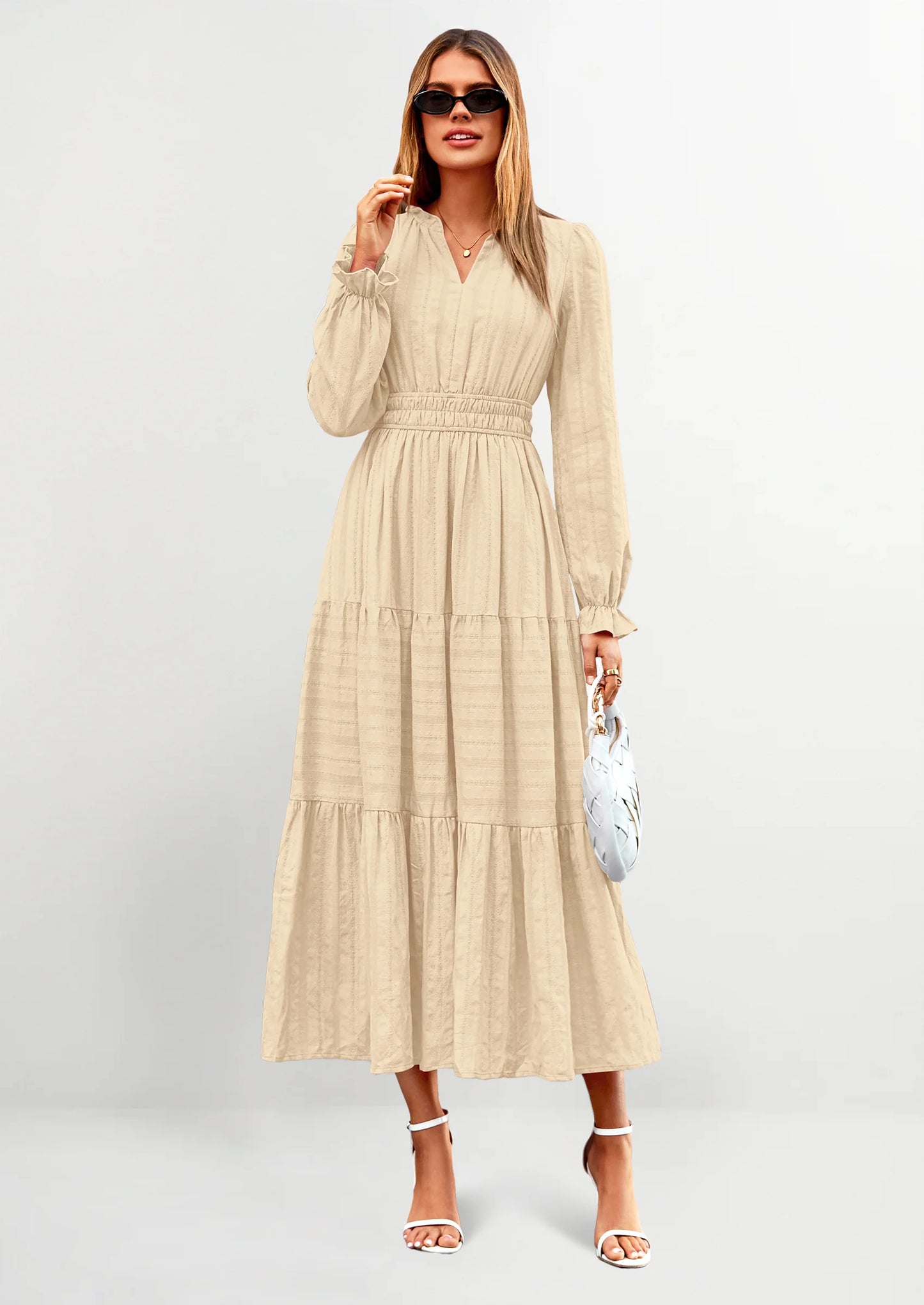 Women's Fall Wedding Guest Dresses Long Sleeve V Neck Flowy Elegant Holiday Party Maxi Dress with Pockets