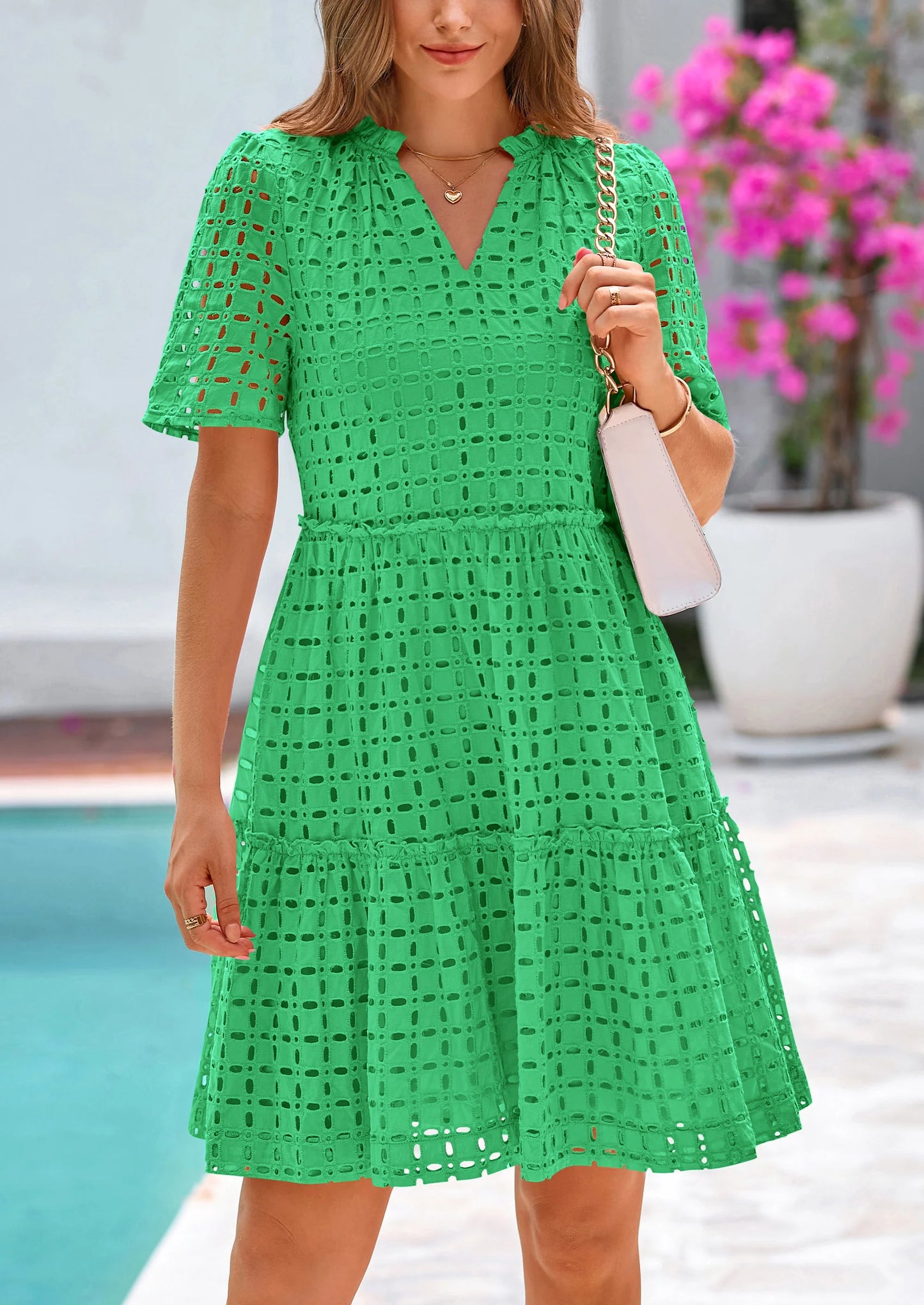 Women's Short Sleeve Mini Dress Summer V Neck Hollow Out Eyelet Ruffle A Line Swing Short Dresses