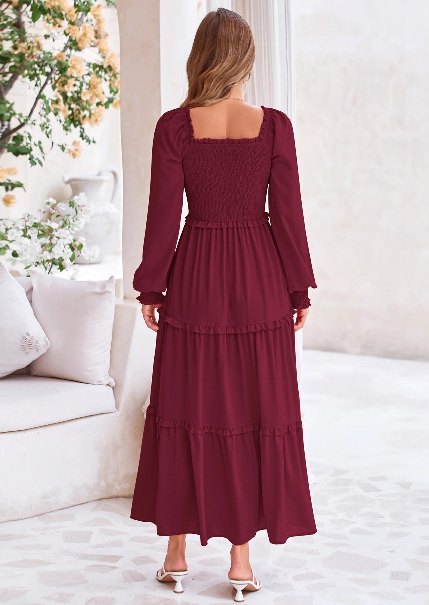Fall Wedding Guest Dresses for Women Long Sleeve Square Neck Tiered A Line Modest Elegant Flowy Dresses