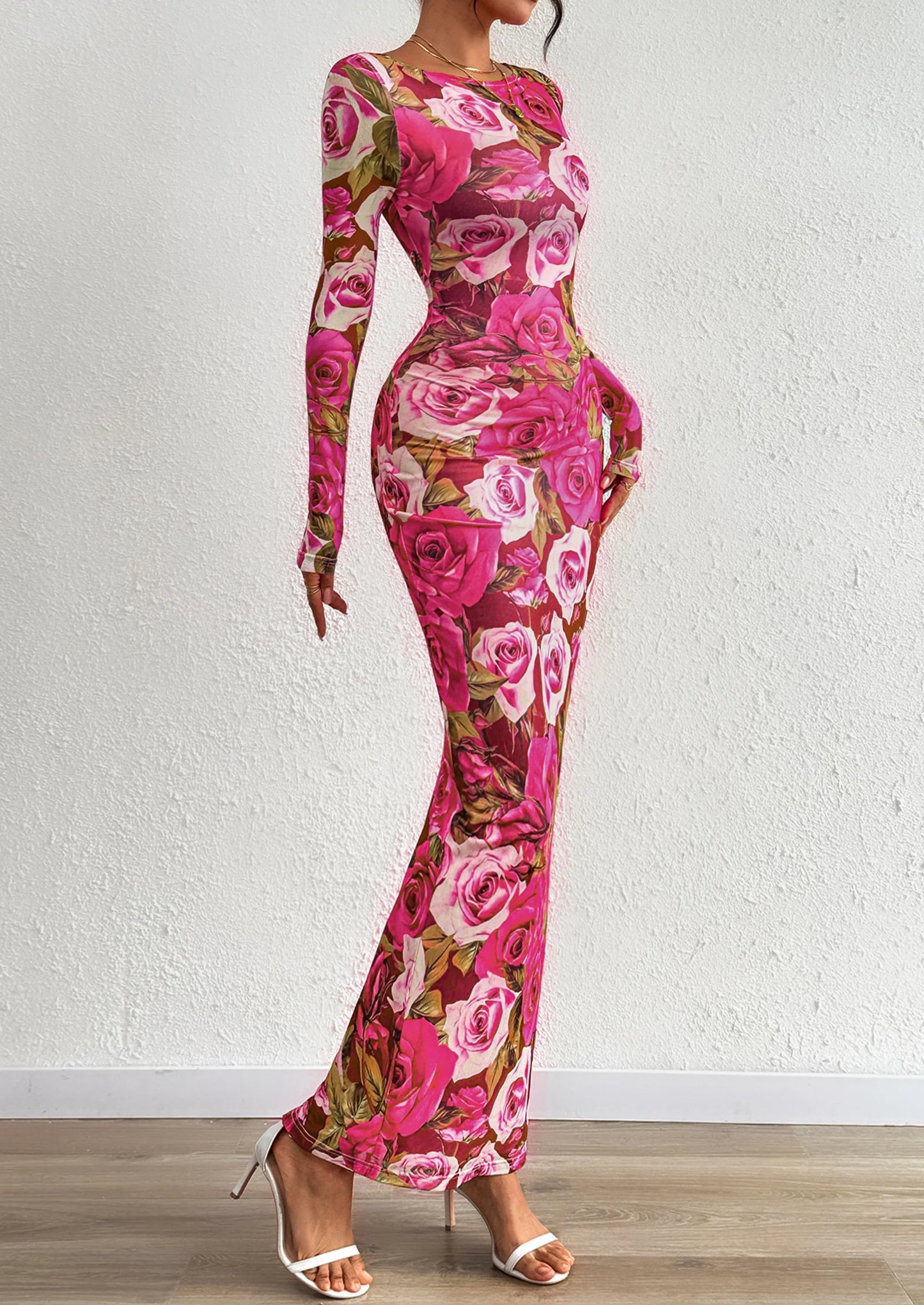 Bodycon Maxi Dress Fall Floral Long Sleeve Sexy Mesh Cocktail Wedding Guest Long Dresses