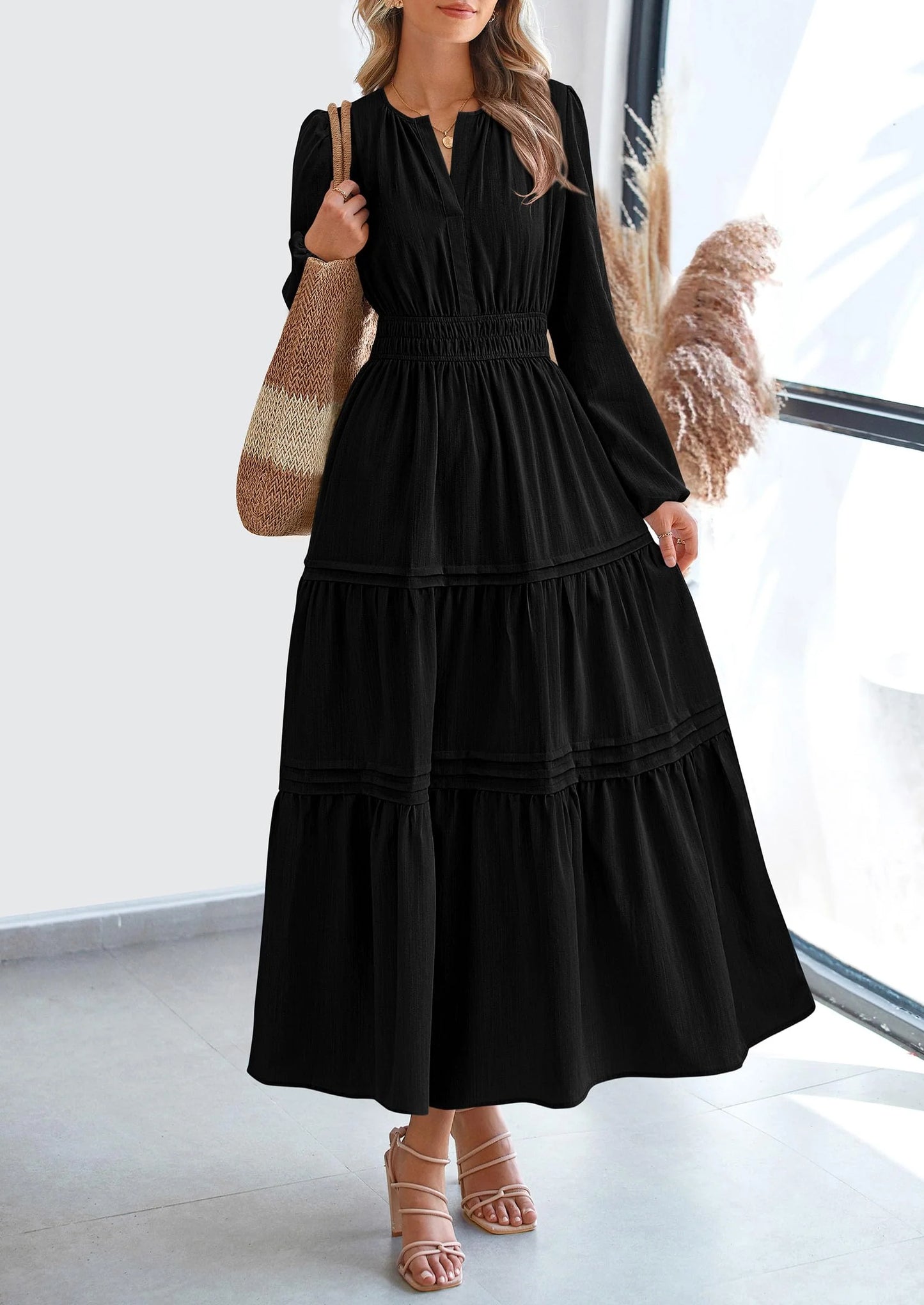 Women's Elegant Maxi Dresses Long Sleeve V Neck Flowy Pockets Casual Modest Dress Fall Fashion Clothes