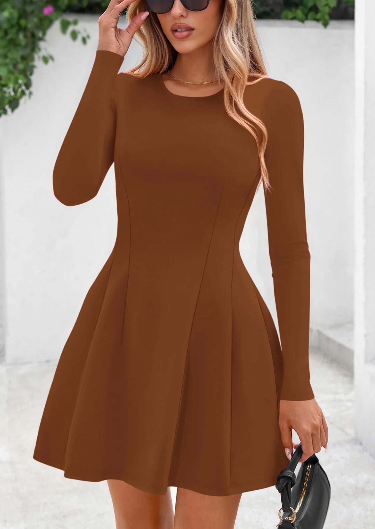 Long Sleeve Mini Dress for Women Fall Crewneck Knit Pleated Babydoll A Line Soft Casual Short Party Dresses