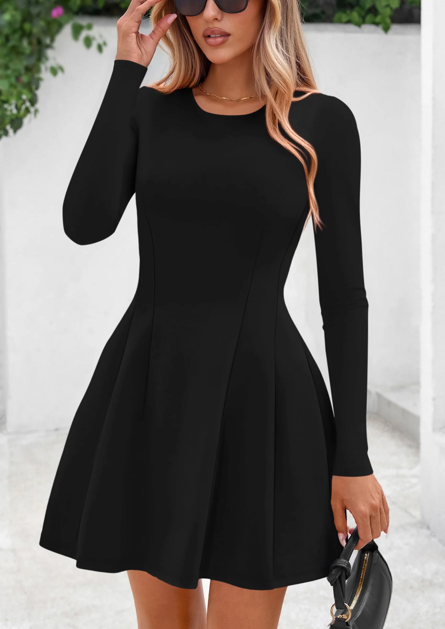 Long Sleeve Mini Dress for Women Fall Crewneck Knit Pleated Babydoll A Line Soft Casual Short Party Dresses