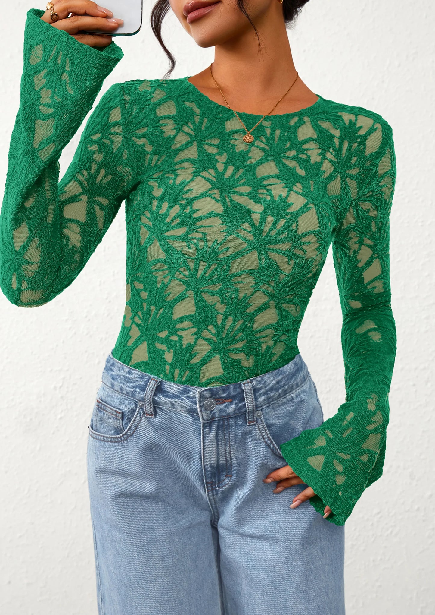 Womens Lace Long Bell Sleeve Tops Fall Sexy See Through Sheer Floral Blouse Shirt Fitted Going Out Outfits