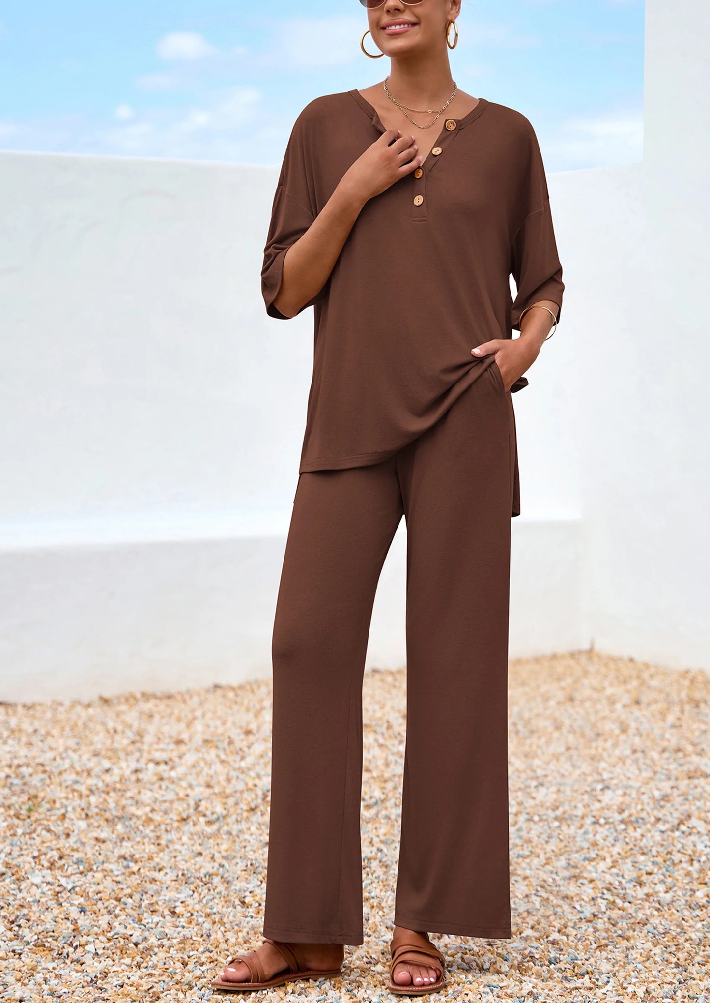Women's 2 Piece Outfits Summer Casual V Neck Short Sleeve Tops Wide Leg Pants Matching Lounge Sets