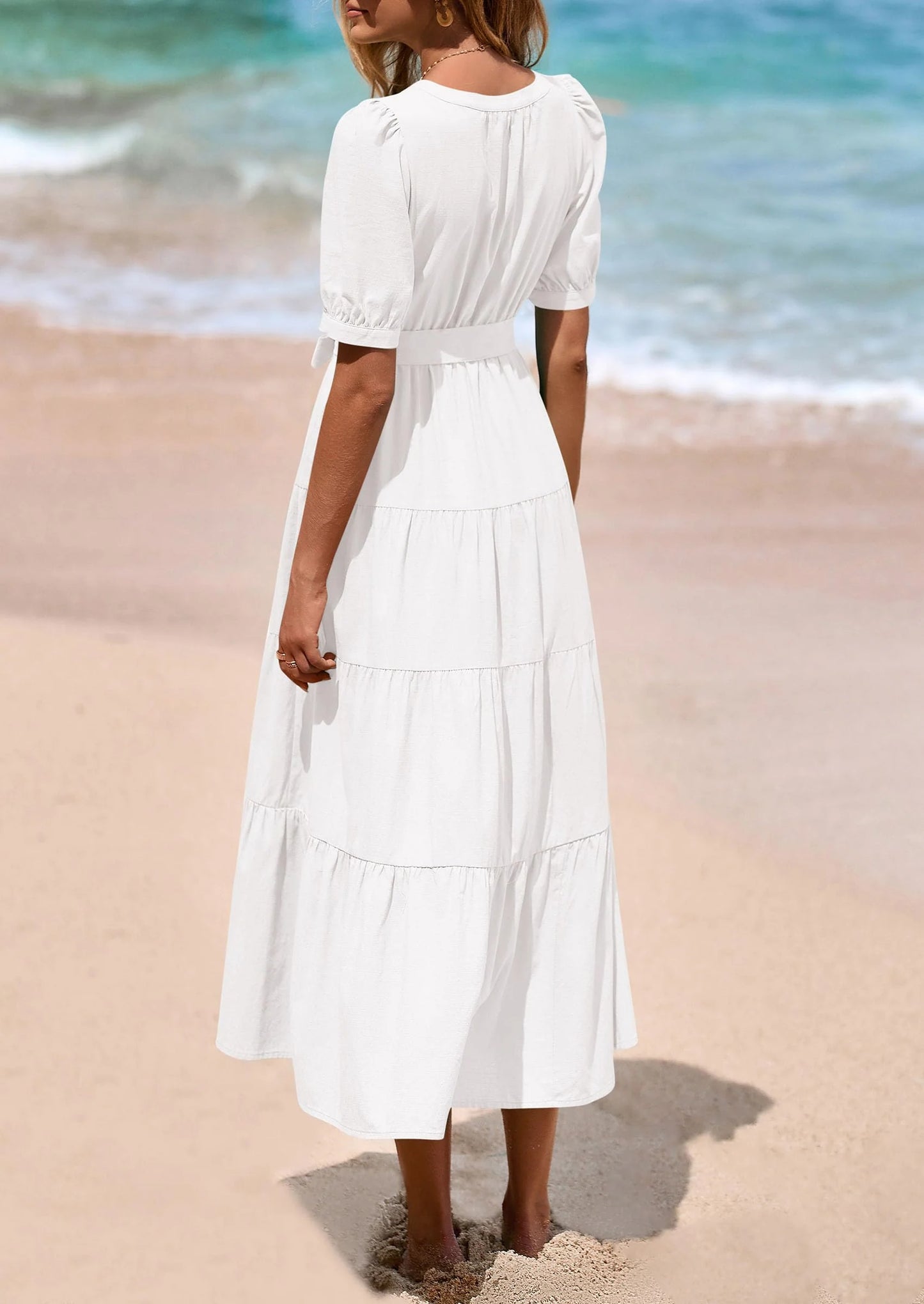 Women's Midi Dress Casual Short Sleeve V Neck Buttons Belted Ruffle A Line Flowy Dress with Pockets