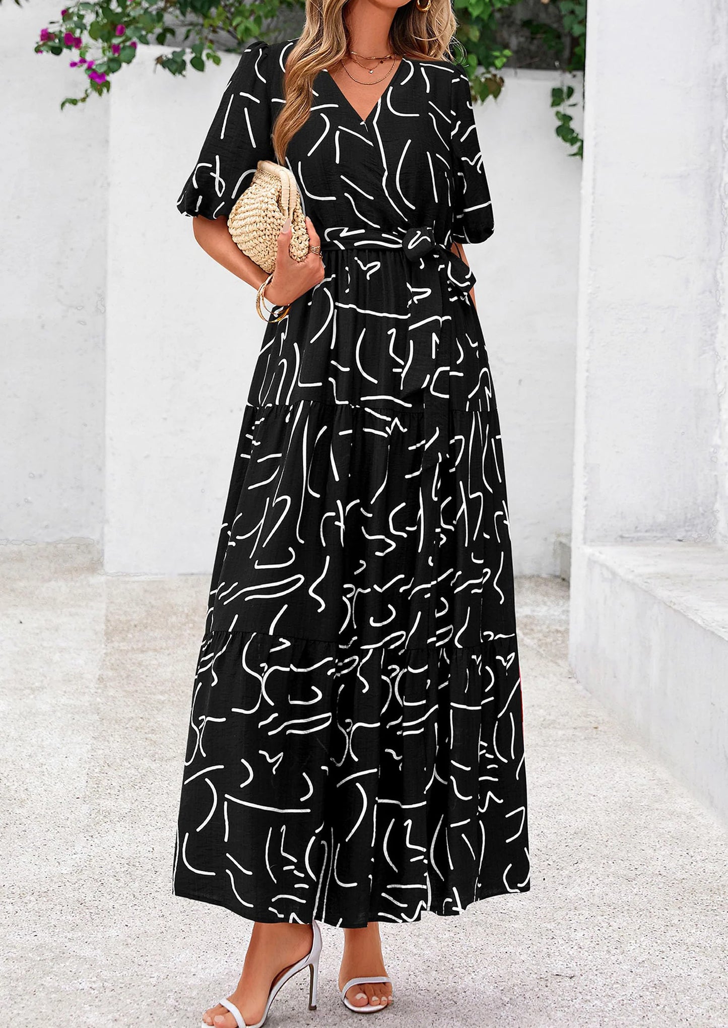 Women's Maxi Dress Resort Wear Boho Floral V Neck Puff Short Sleeve Ruffle Flowy Beach Long Dresses