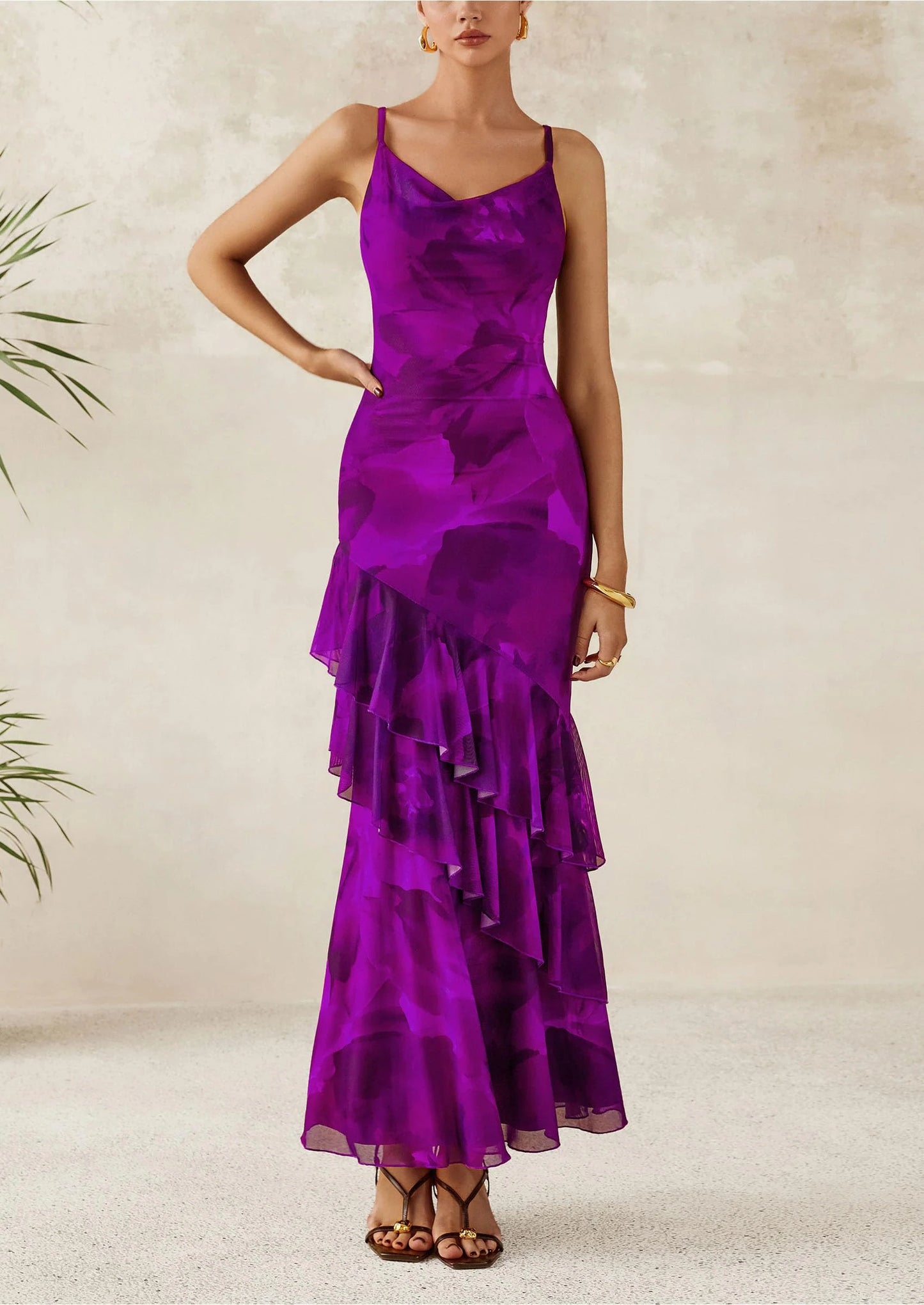 Maxi Dresses for Women Floral Beach Sundress Spaghetti Strap Tiered Wedding Guest Long Dress