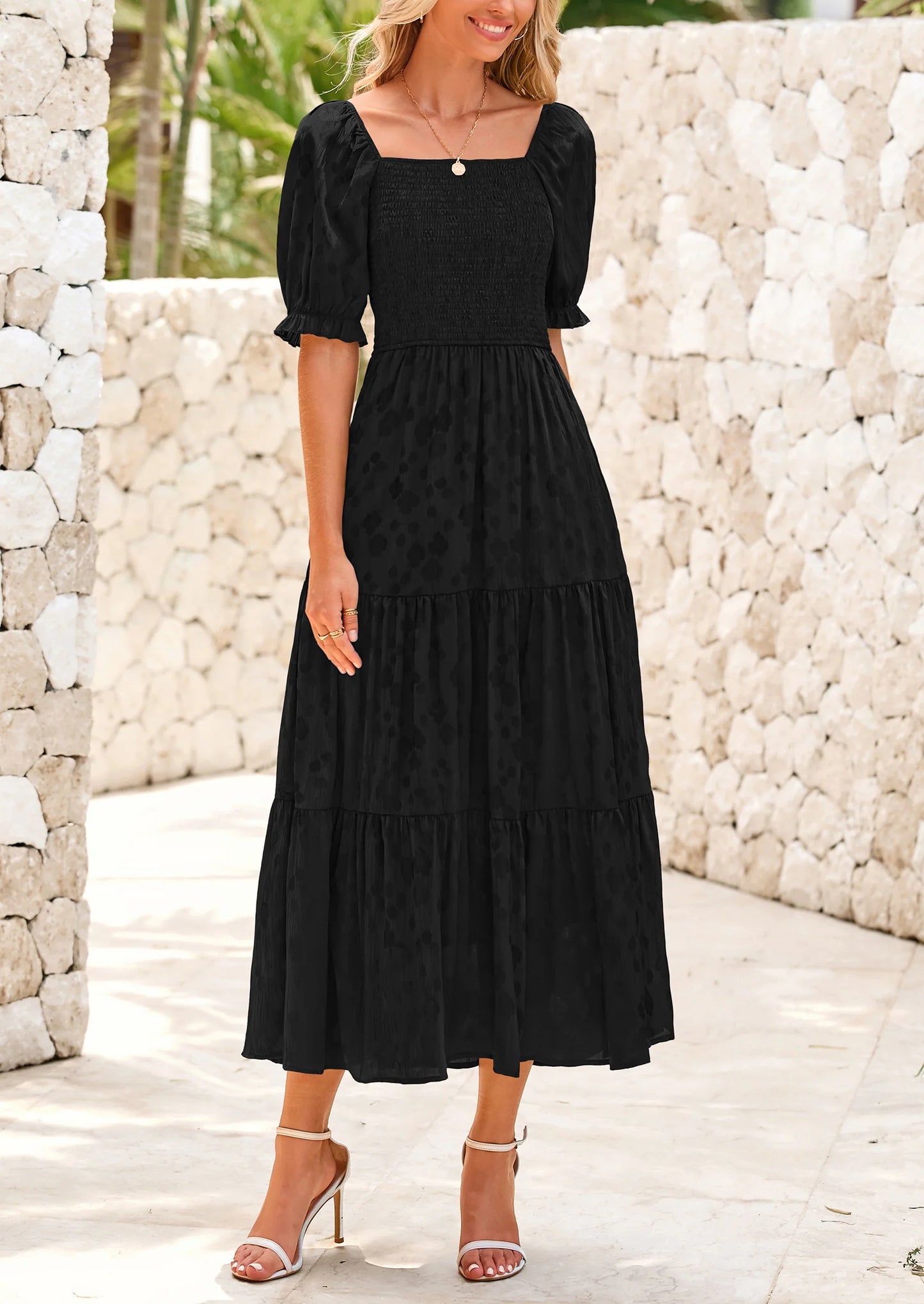 Women's Casual Midi Dresses Square Neck Short Sleeve Smocked A Line Floral Flowy Elegant Boho Dress