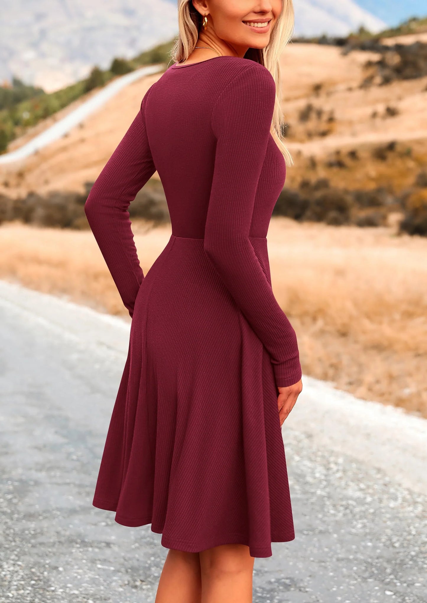 Women's Spring Fall Short Dress Ribbed Knit Crewneck Long Sleeve A Line Flowy Casual Elegant Going Out Dresses