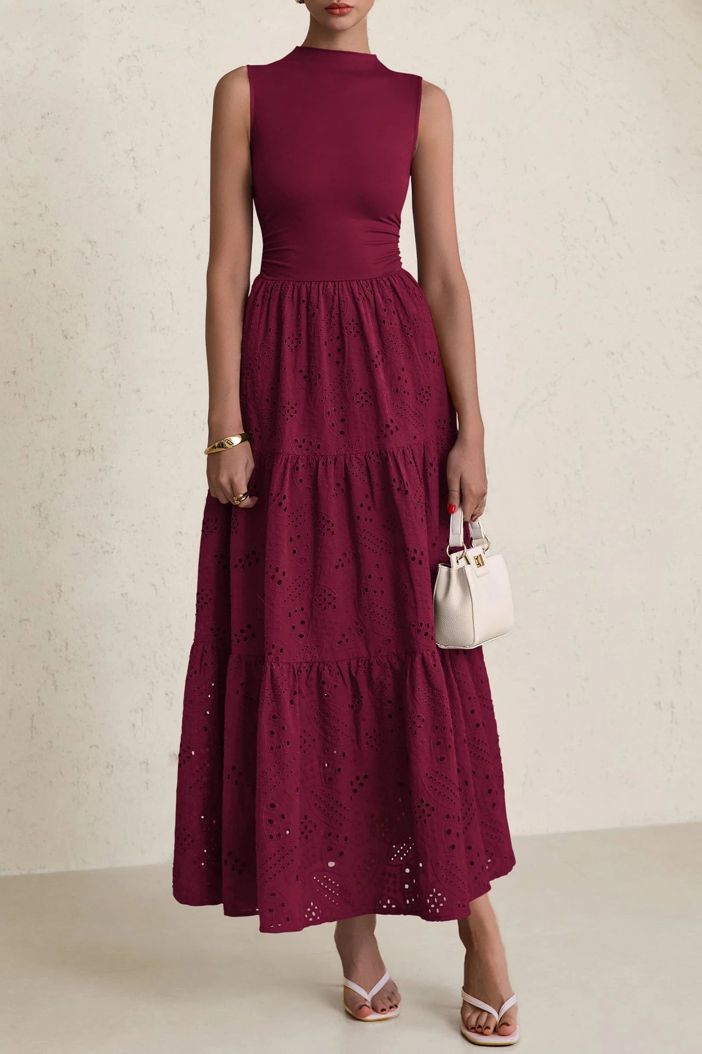 Dresses for Women Casual Eyelet Sleeveless Wedding Guest Maxi Dress Tank Top Sundress with Pockets