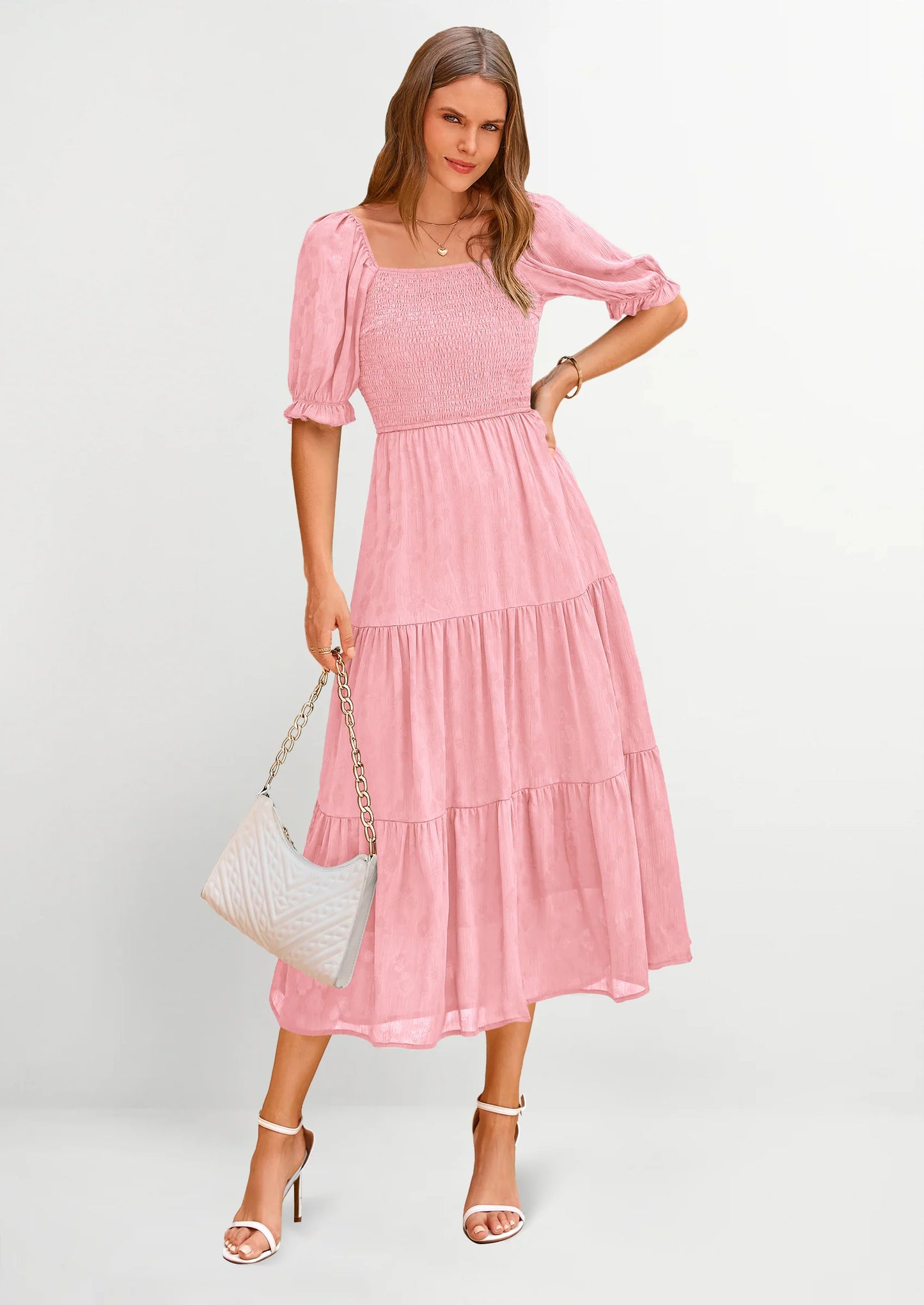 Women's Casual Midi Dresses Square Neck Short Sleeve Smocked A Line Floral Flowy Elegant Boho Dress
