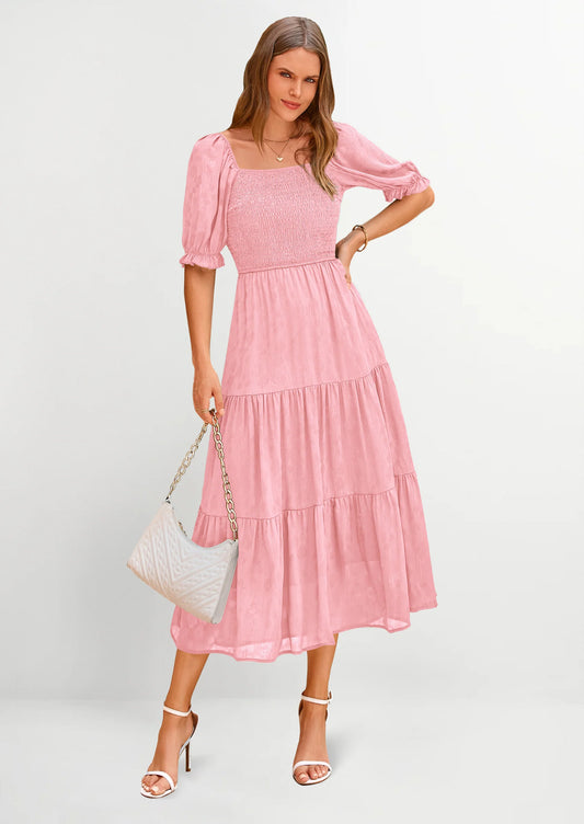 Women's Casual Midi Dresses Square Neck Short Sleeve Smocked A Line Floral Flowy Elegant Boho Dress