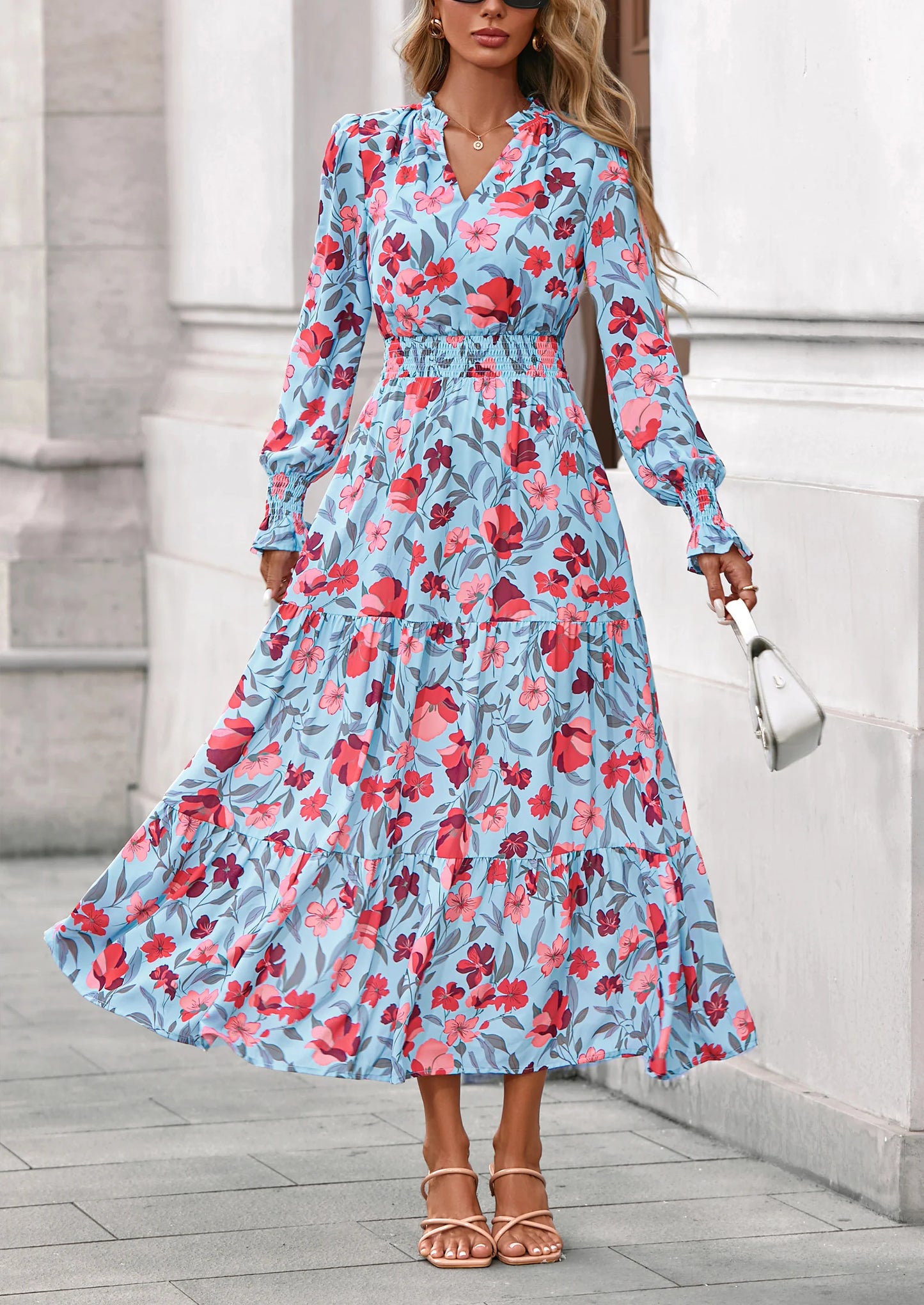 Women's Floral Maxi Dress Spring Long Sleeve V Neck Casual A Line Long Flowy Boho Party Dresses