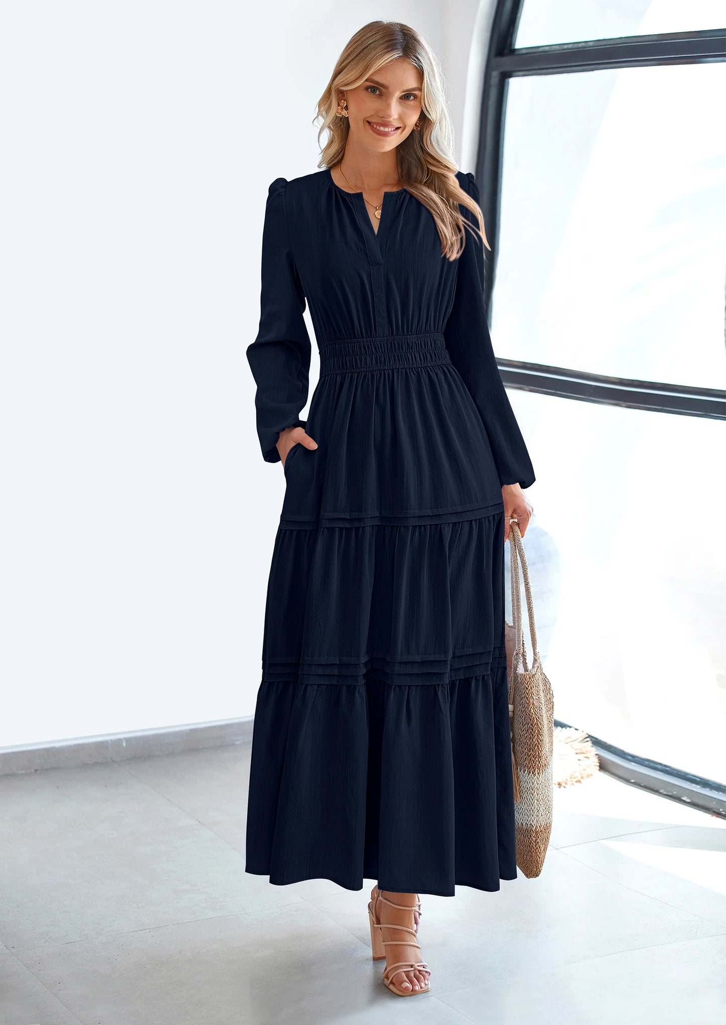 Women's Elegant Maxi Dresses Long Sleeve V Neck Flowy Pockets Casual Modest Dress Fall Fashion Clothes