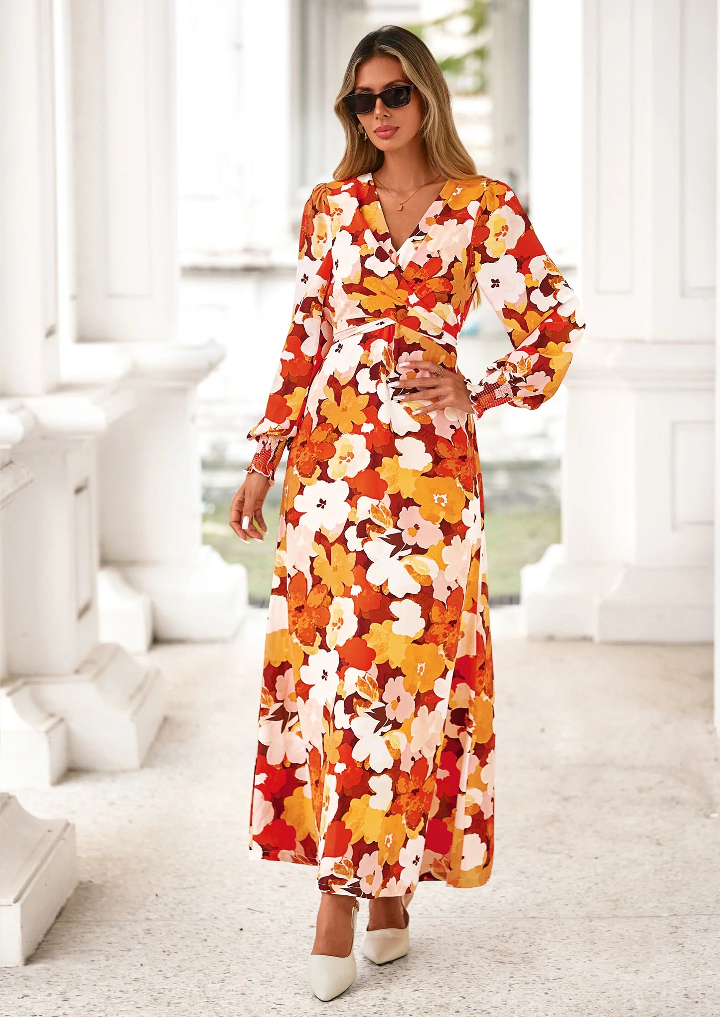 Women's Fall Boho Maxi Dress Floral Long Sleeve V Neck Flowy Belted Elegant Holiday Party Dresses