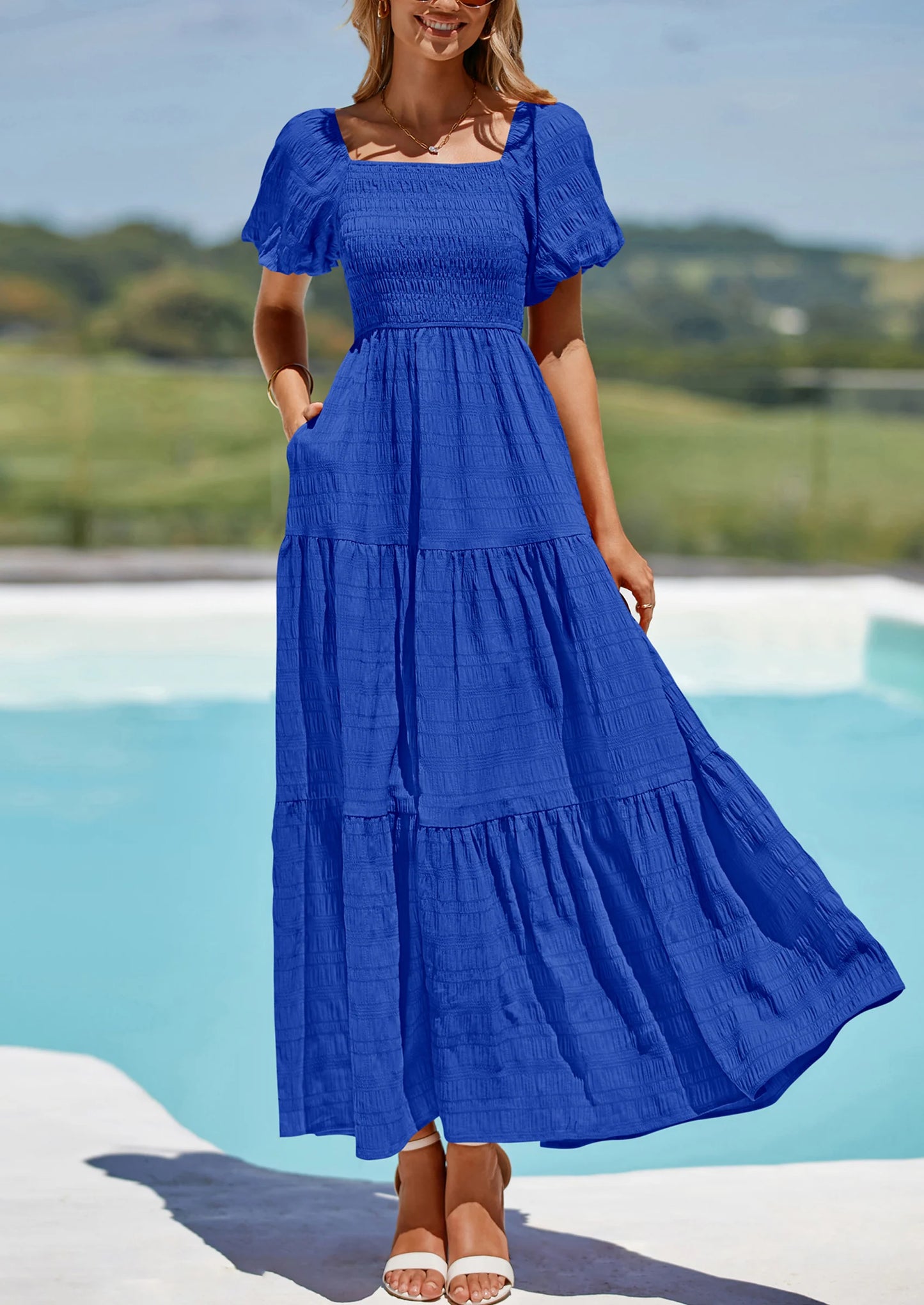 Womens Summer Puff Short Sleeve Maxi Dress Square Neck Smocked Tiered Ruffle A Line Long Flowy Beach Dresses