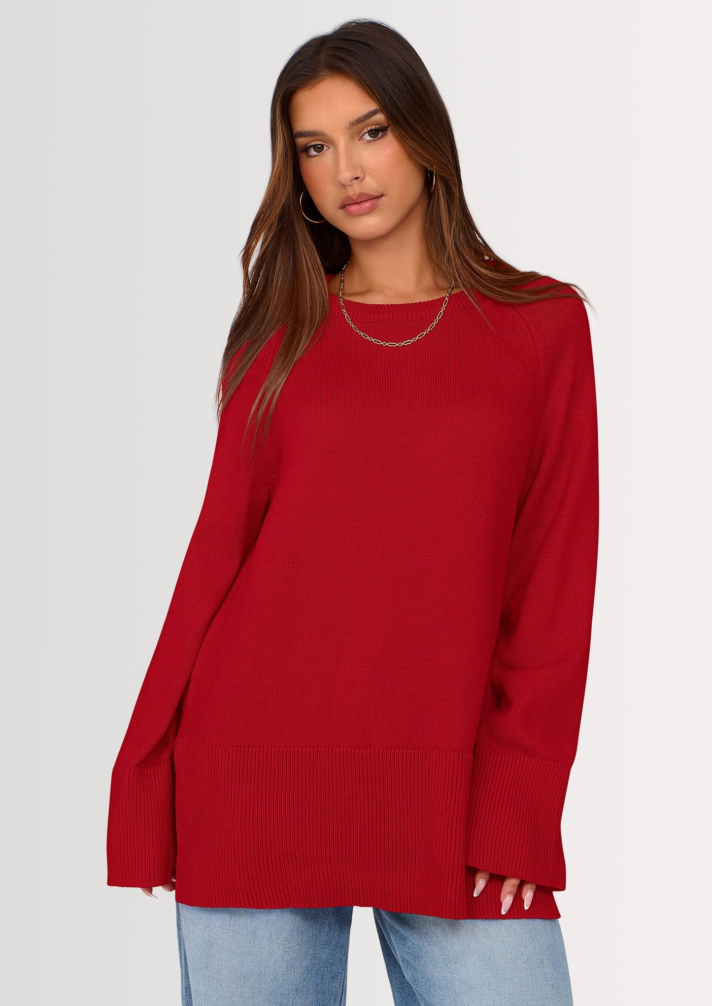Women's Knit Fall Sweaters Long Sleeve Pullover Crewneck Split Hem Oversized Tunic Sweater Tops Winter Clothing