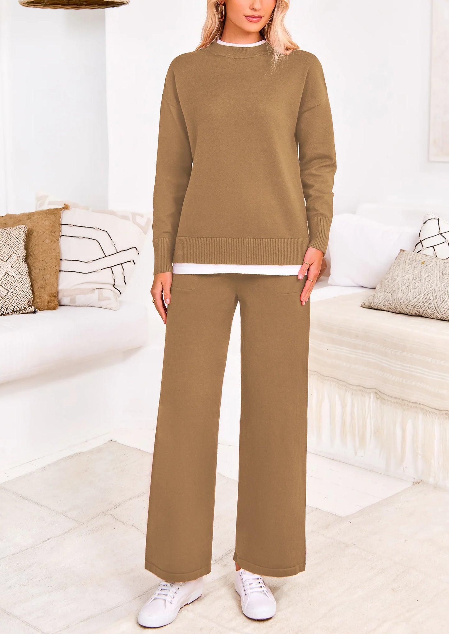 Two Piece Matching Sweater Lounge Sets Knit Long Sleeve Pullover Tops Wide Leg Pants