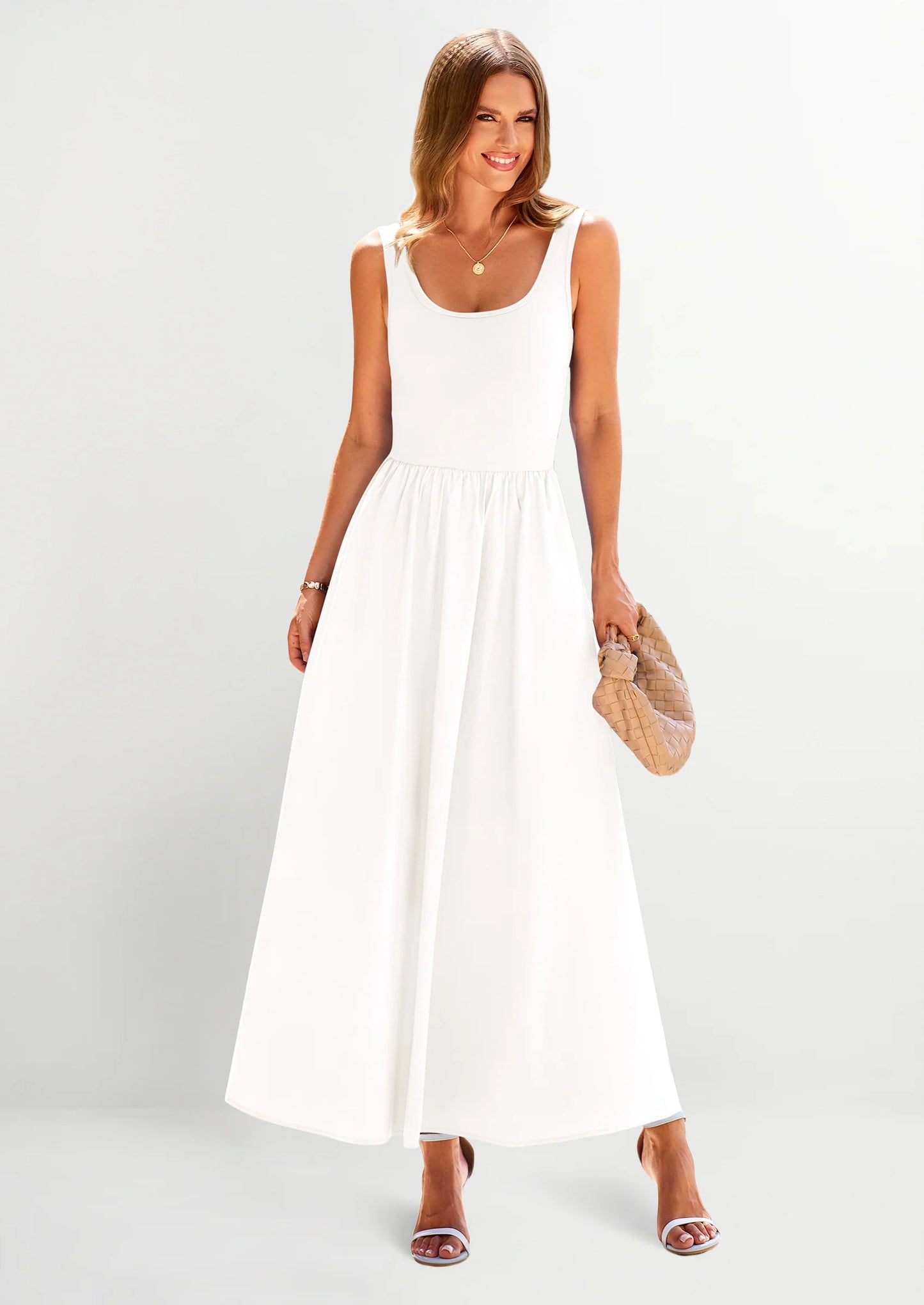Womens Summer Casual Scoop Neck Sleeveless Long Dresses Tank Top Patchwork Aline Swing Maxi Dress with Pockets