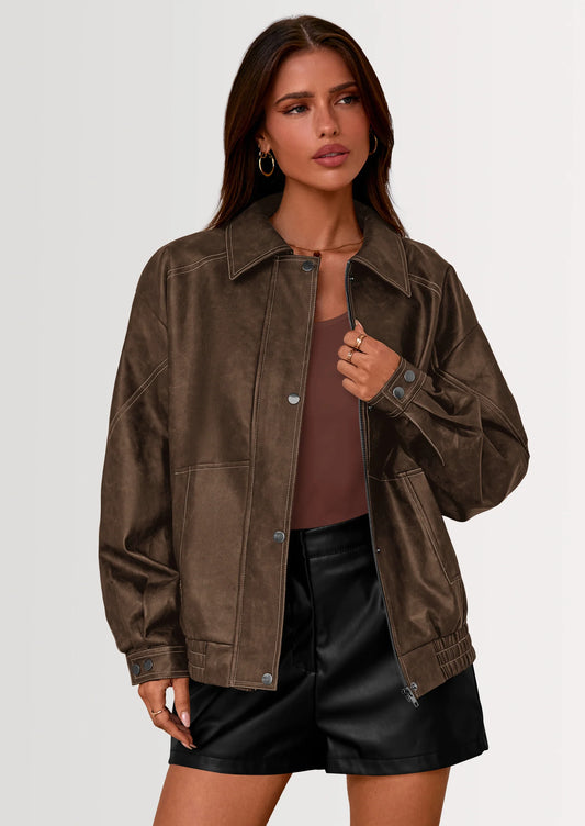 Faux Leather Jacket Women Bomber Motorcycle Zip Up Jackets Oversized Fall Fashion Outfits Winter Coats