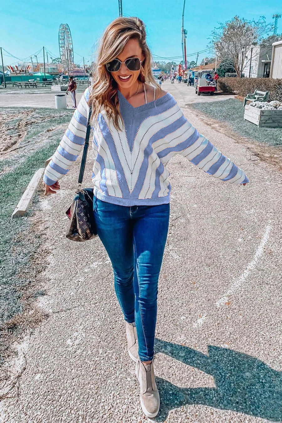 Women's Fashion Long Sleeve Striped Color Block Knitted Sweater Crew Neck Loose Pullover Jumper Tops