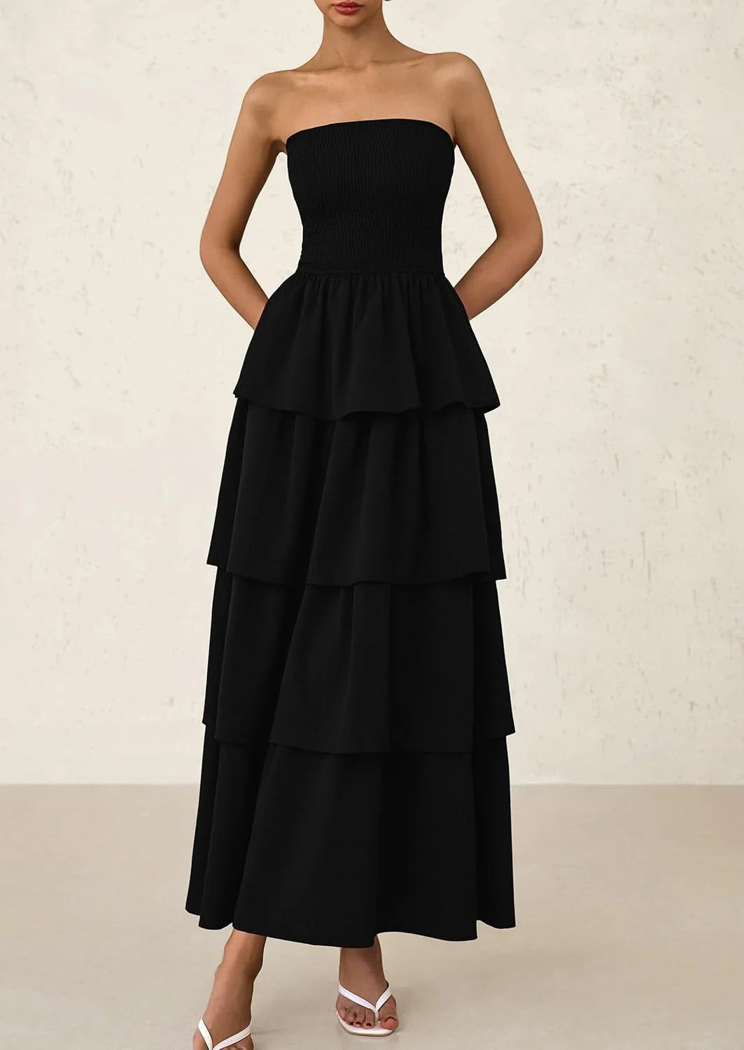 Maxi Dresses for Women Off Shoulder Smocked Tiered Ruffle Long Flowy Wedding Guest Dress