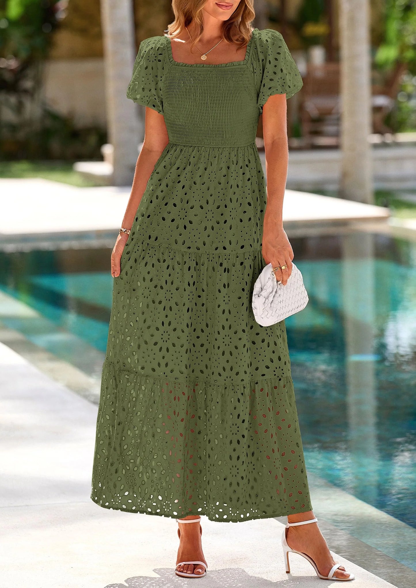 Dresses for Women Eyelet Square Neck Puff Sleeve Smocked Wedding Guest Maxi Dress with Pockets