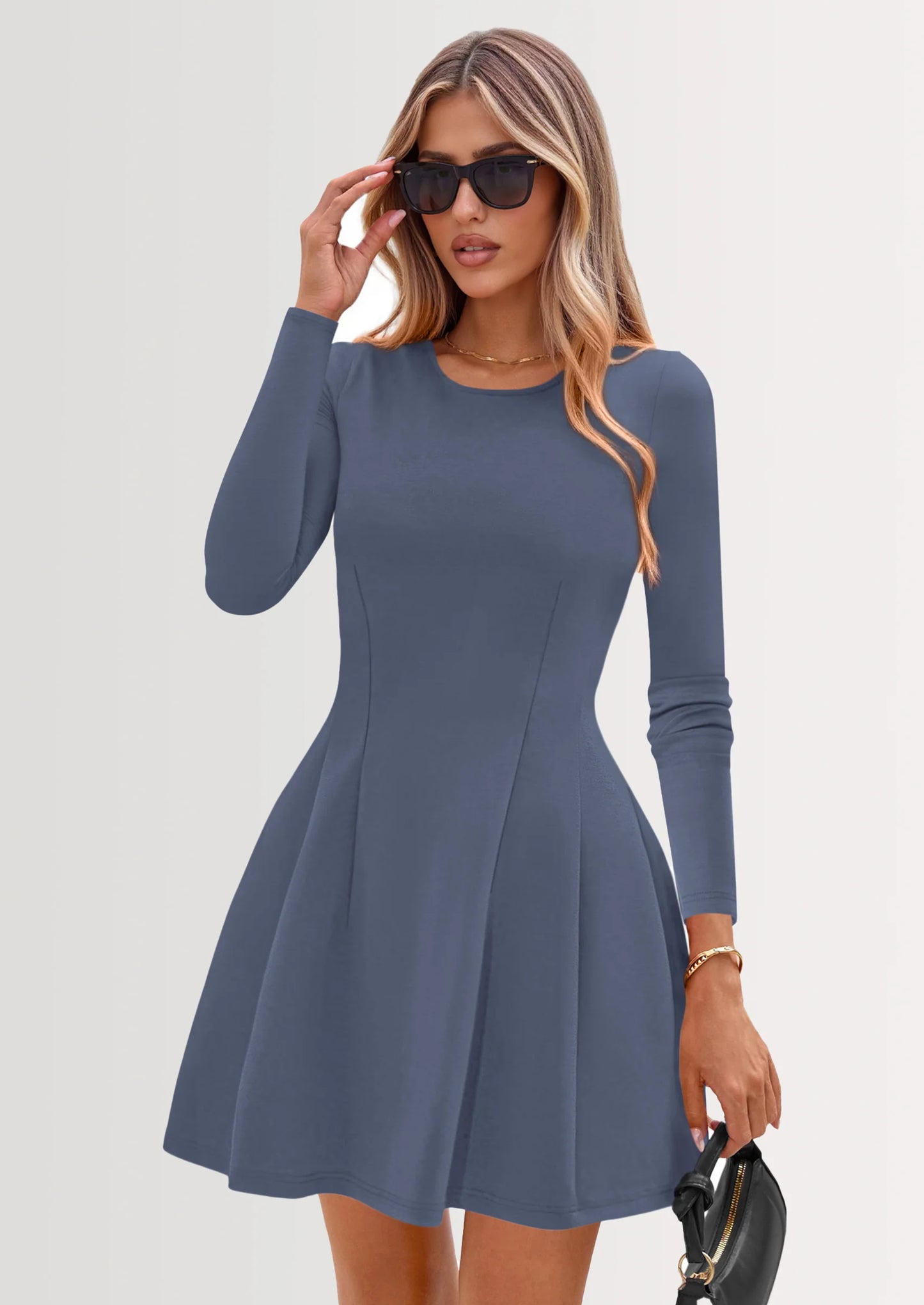 Long Sleeve Mini Dress for Women Fall Crewneck Knit Pleated Babydoll A Line Soft Casual Short Party Dresses