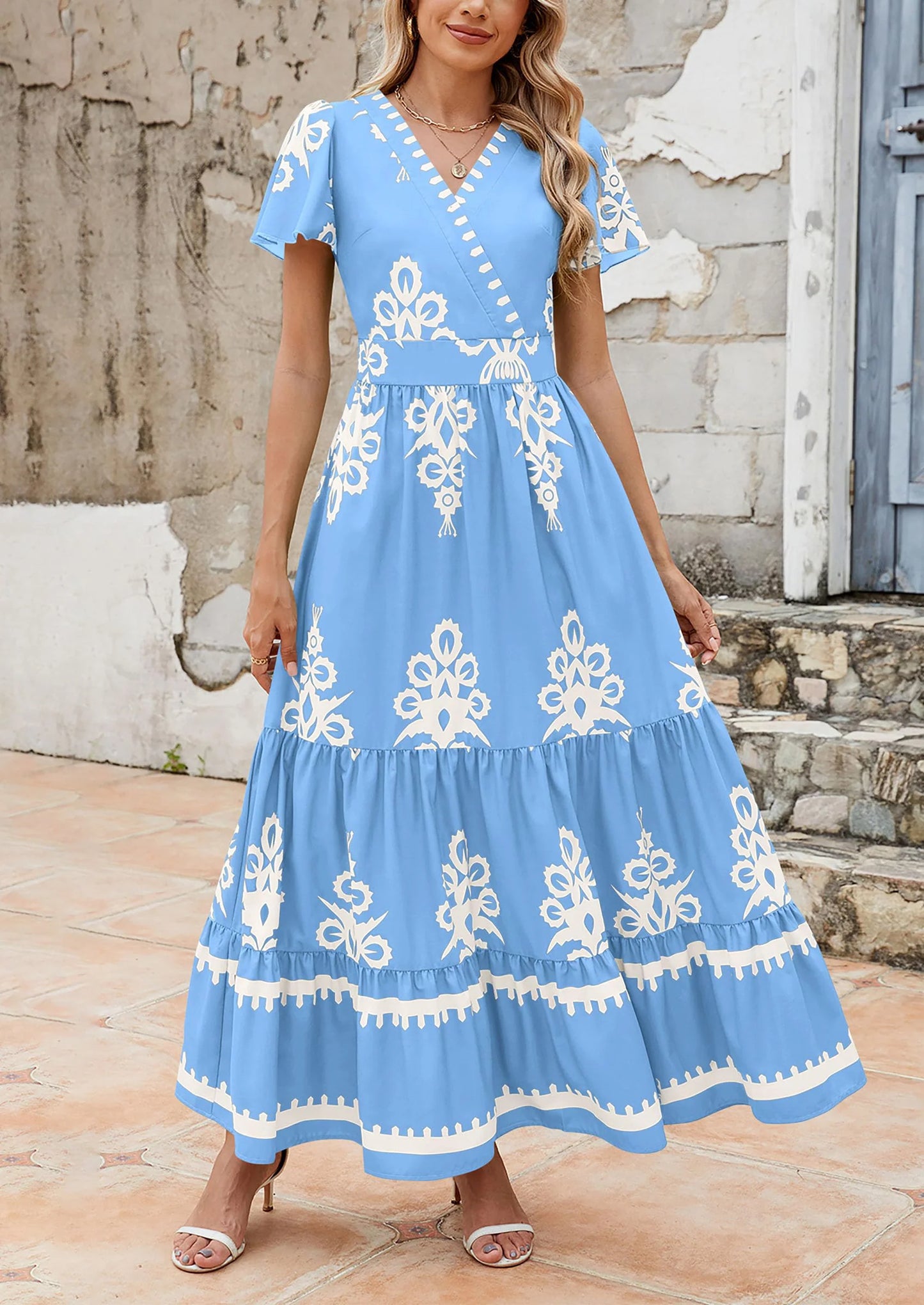 Womens Casual V Neck Boho Maxi Dress Flowy Aline Bell Sleeve Tiered Floral Dresses with Pocket