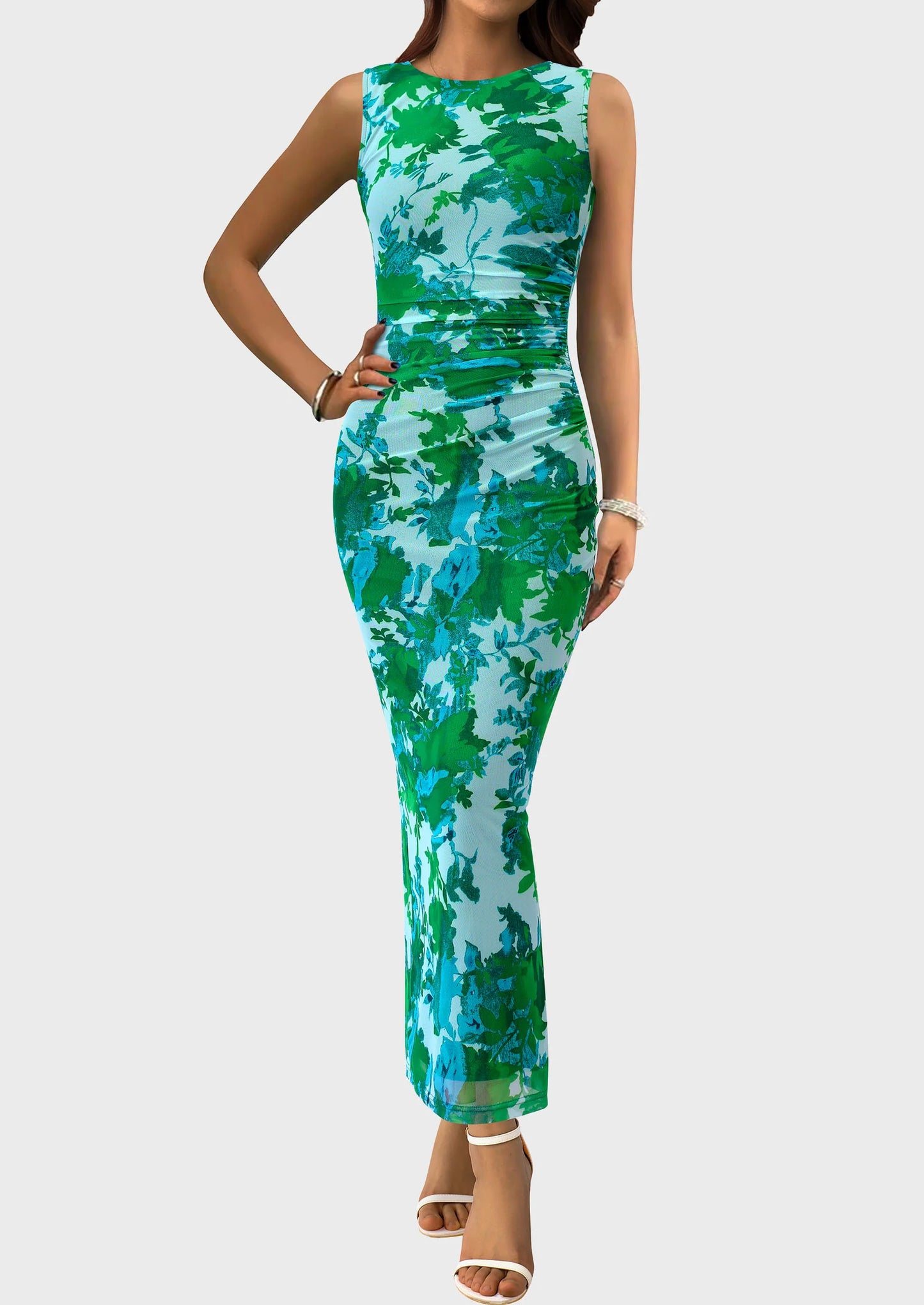 Wedding Guest Dresses for Women Spring Floral Bodycon Sleeveless Mesh Maxi Long Dress