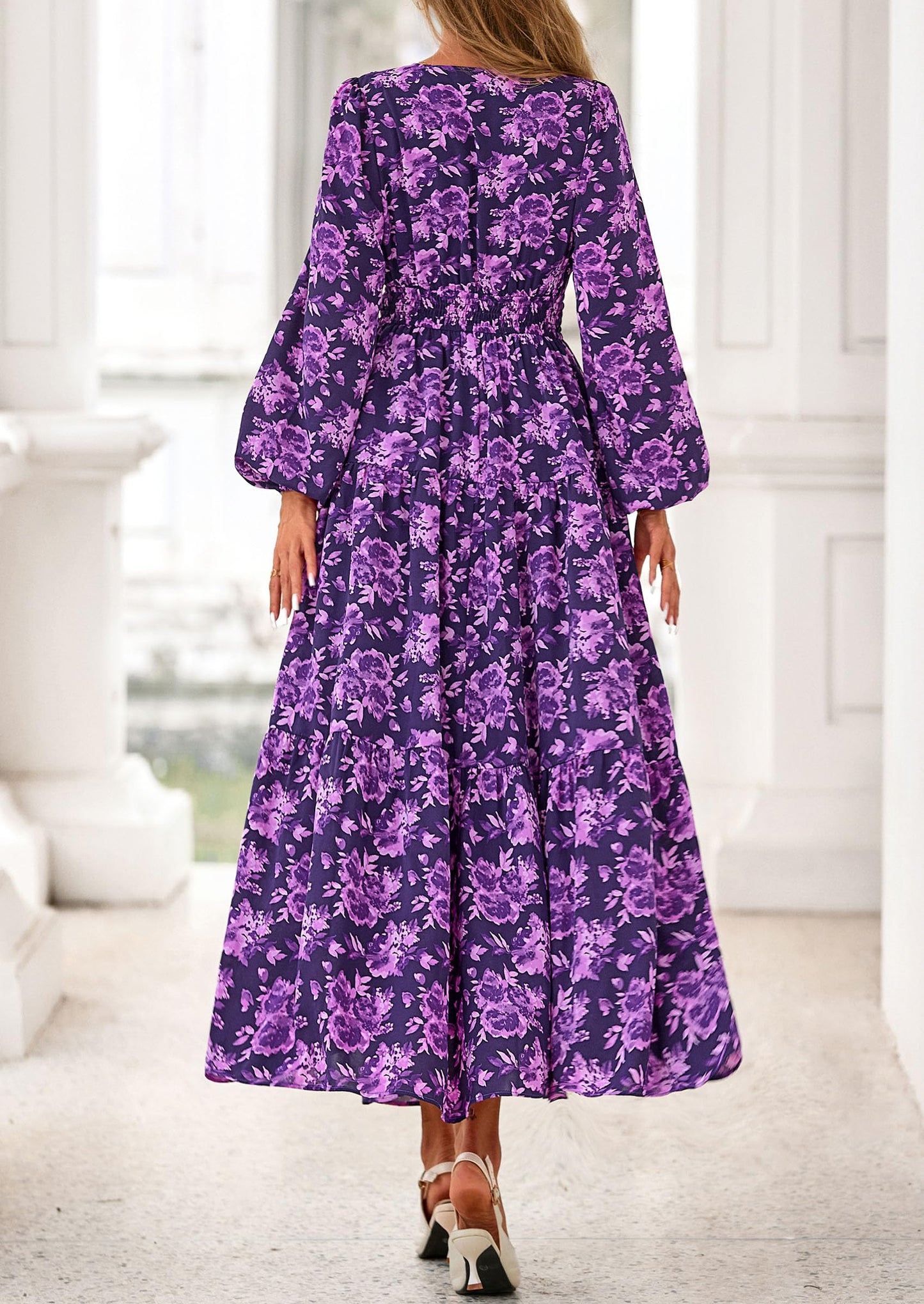 Long Sleeve Maxi Fall Dresses for Women Vneck Smocked Boho Floral Tiered Swing Flowy Wedding Guest Dress