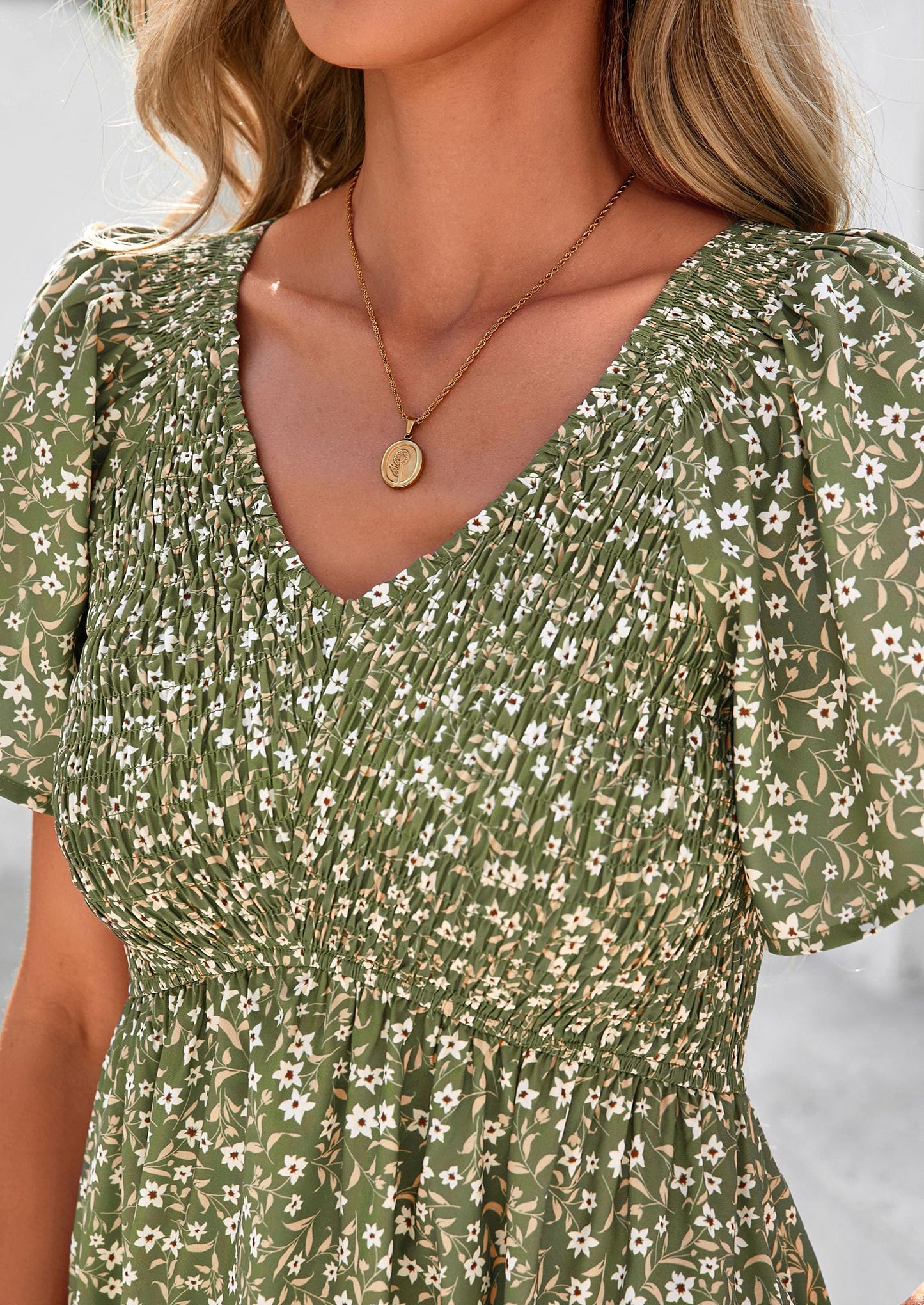 Women Floral Boho Maxi Dresses Short Sleeve V Neck Smocked A Line Long Flowy Beach Vacation Dress